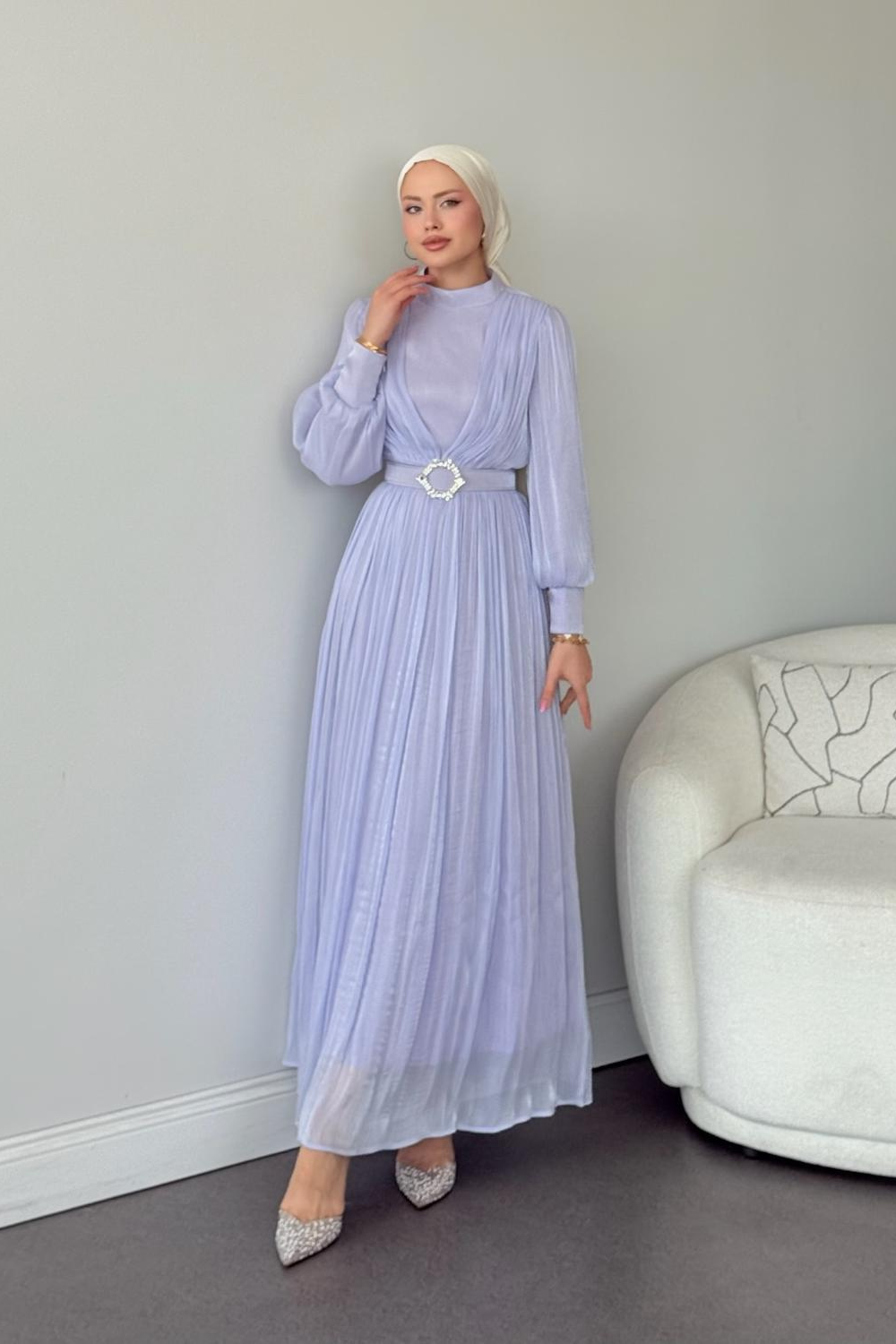 Seval Beli Kemerli Abiye Lila