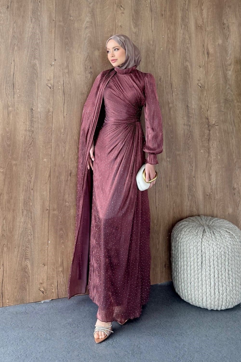 Taş Detaylı Abiye Gül Kurusu