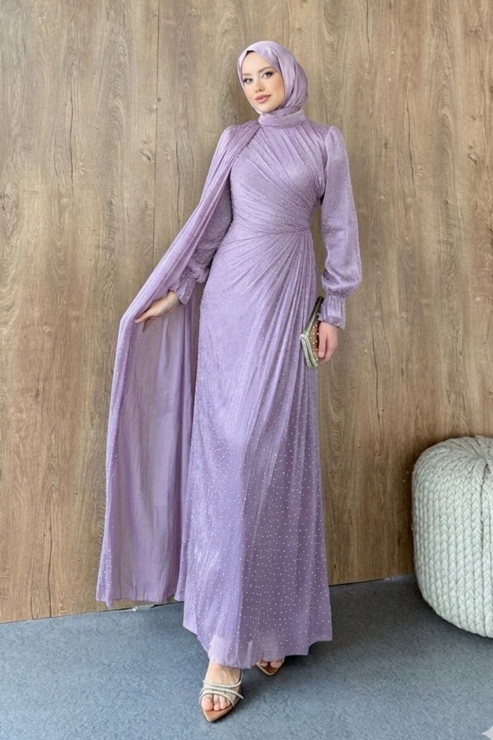 Taş Detaylı Abiye Lila