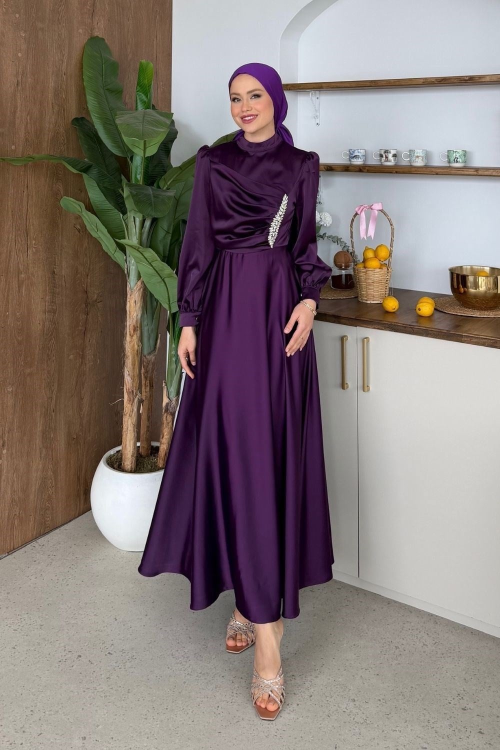 Taşlı Saten Abiye Mor