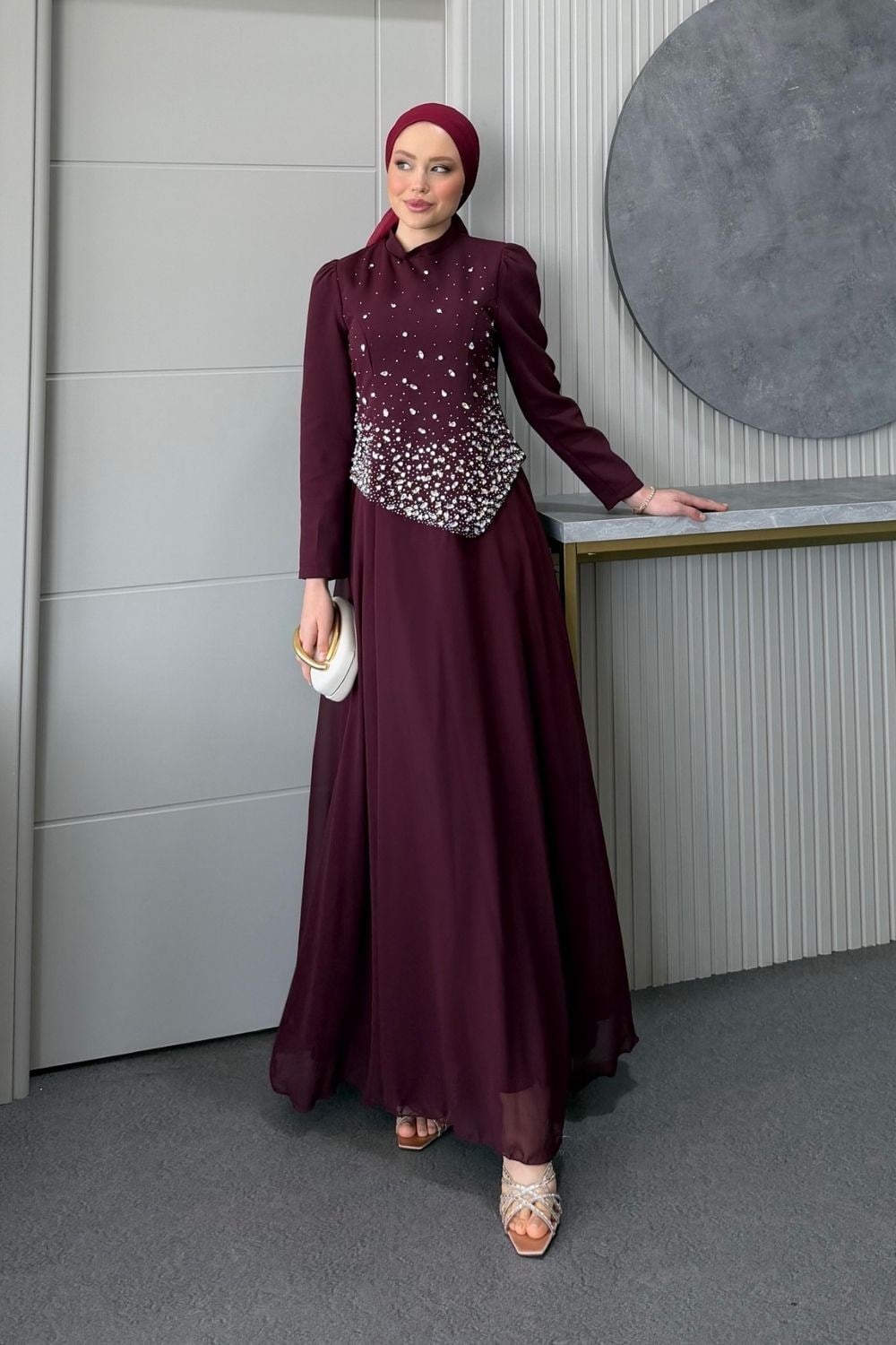 Üstü Taşlı Abiye Bordo