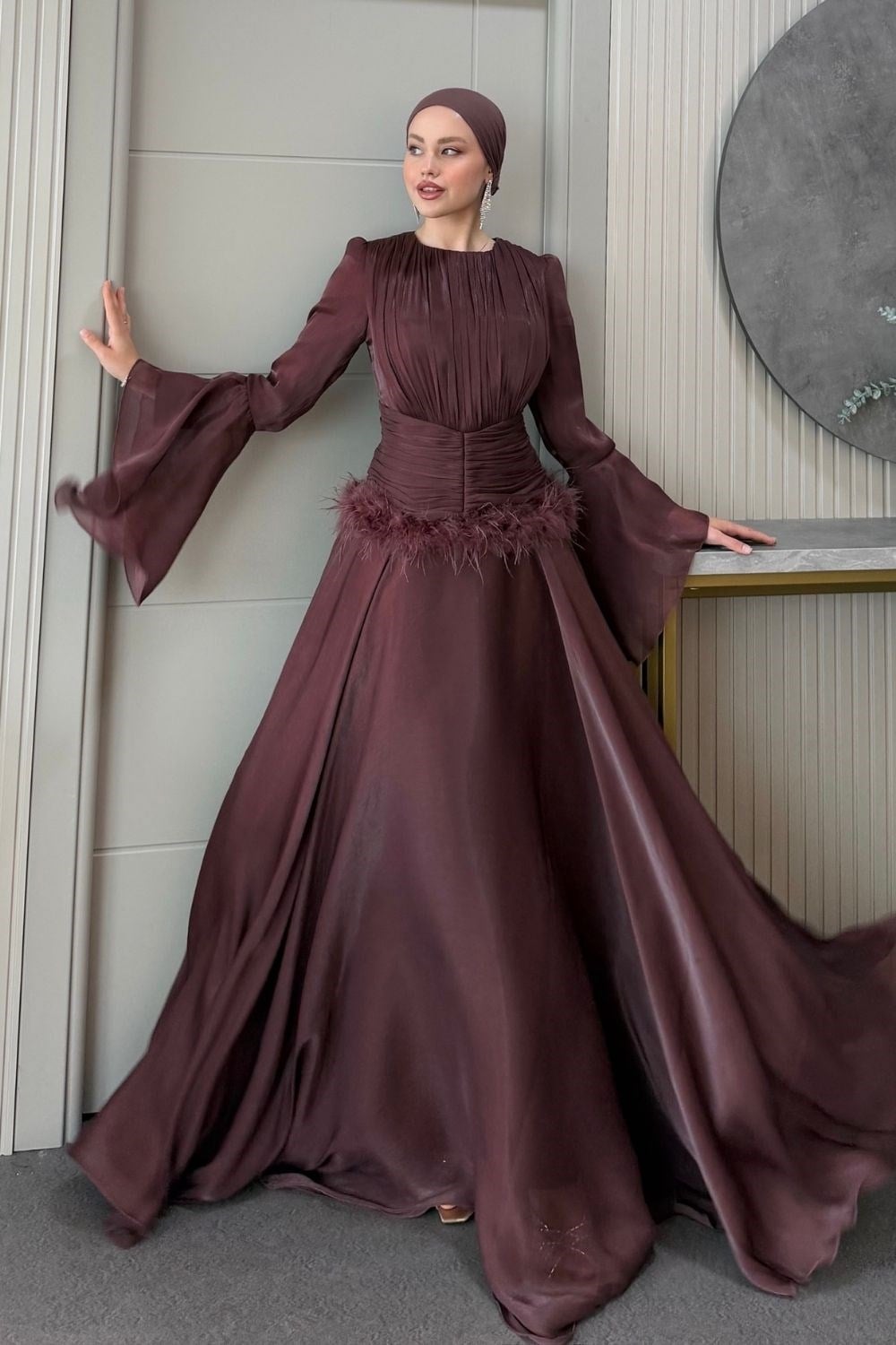Yonca Bel Drape Tüylü Abiye Gül Kurusu