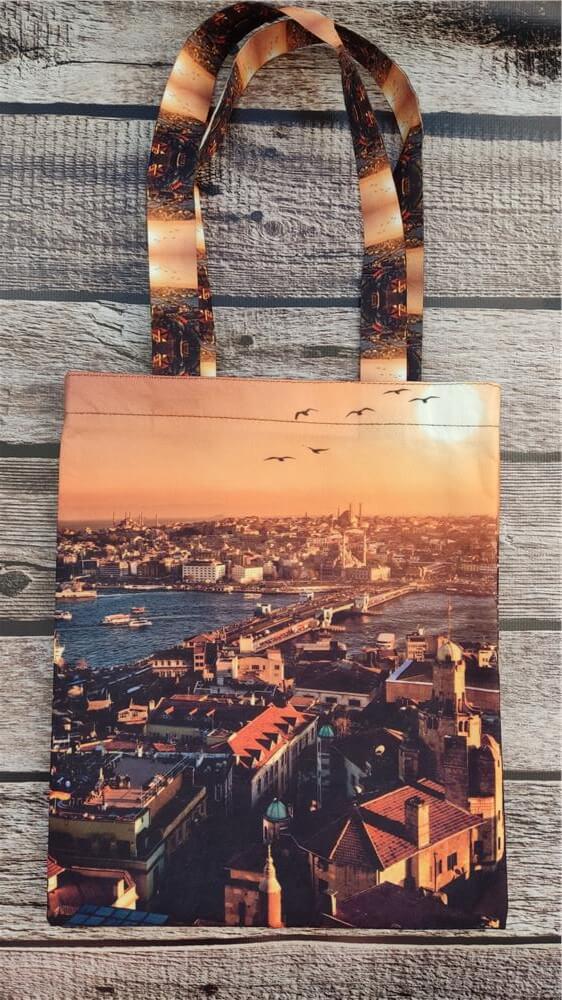 İstanbul Haliç Köprüsü Baskılı Kumaş Çocuk Çantası Omuz Askılı Bez Çanta