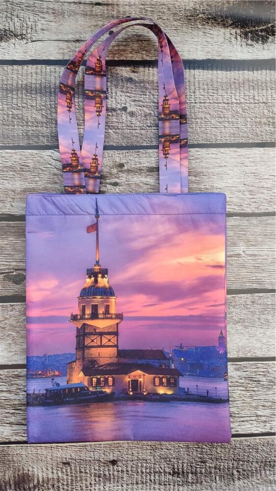 Kız Kulesi Maiden's Tower Baskılı Kumaş Çocuk Çantası Omuz Askılı Bez Çanta