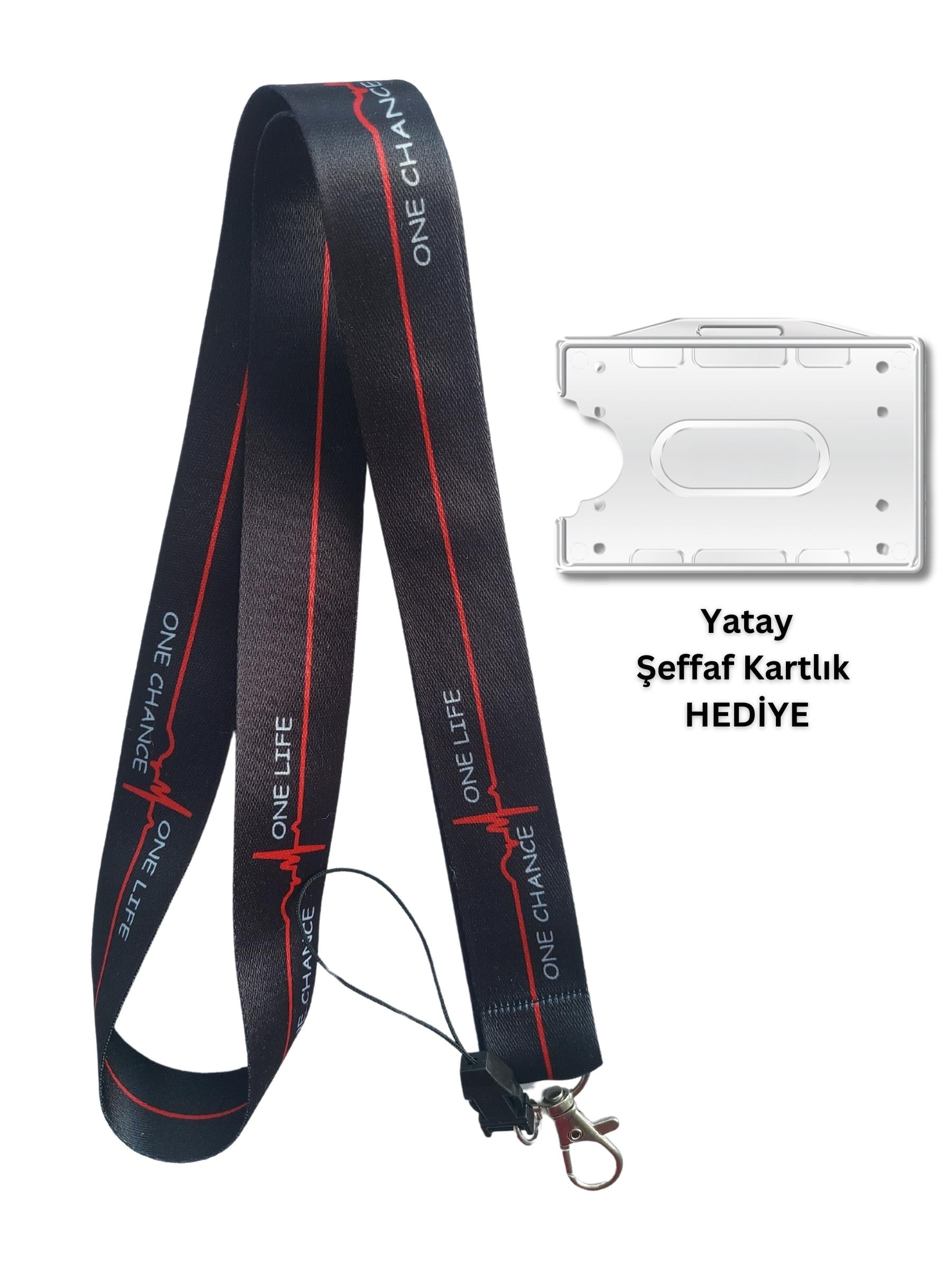 One Life One Chance Siyah Kalp Ritmi Kart Askısı Yaka Kartı Boyun Askı İpi Telefon Askısı 