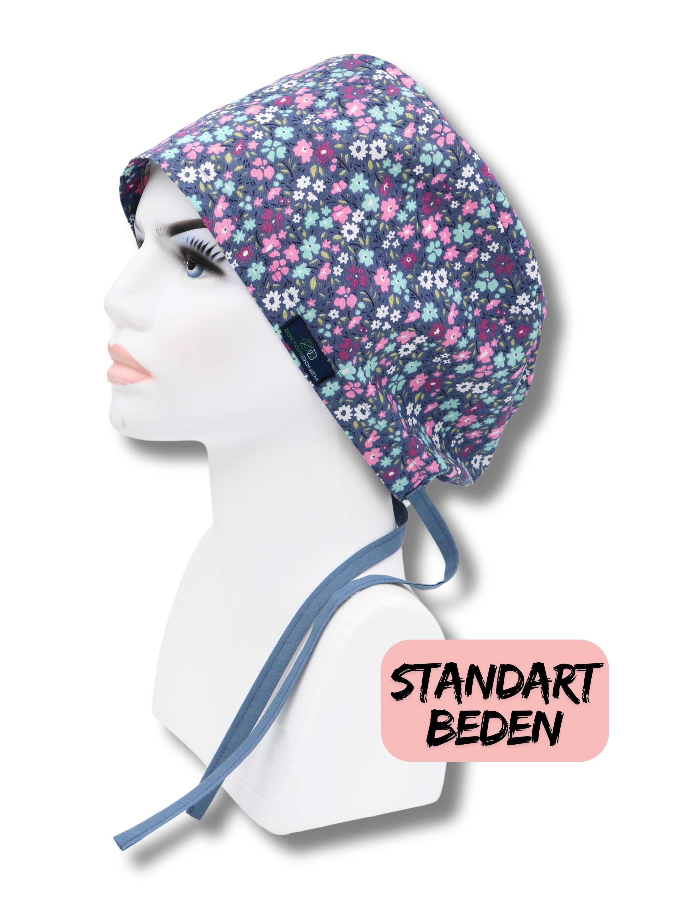Standart Beden Mavi Minik Çiçekler Cerrahi Bone Doktor Hemşire Sağlıkçı Hastane Bonesi