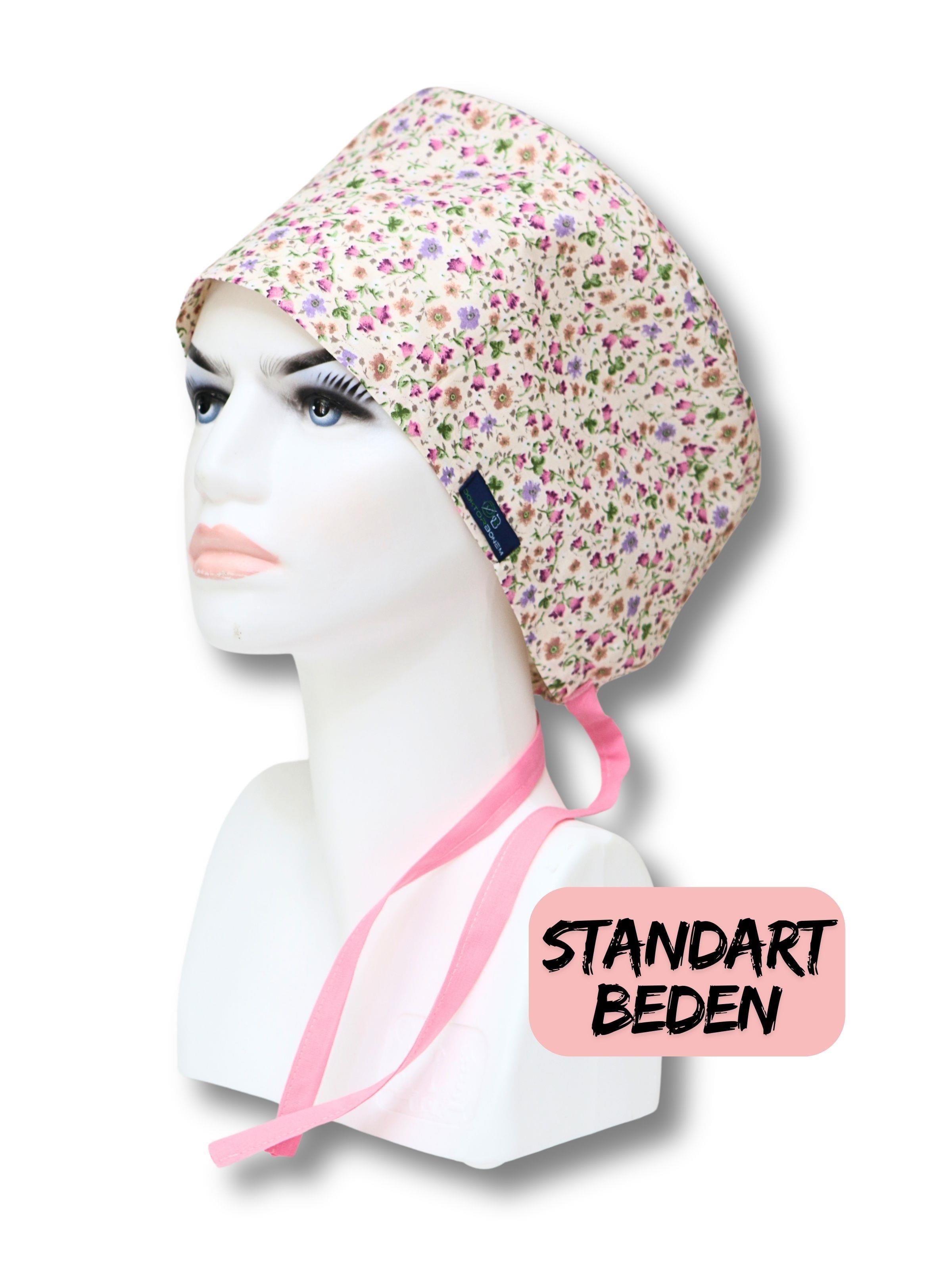 Standart Krem Çıtır Çiçek Desenli Cerrahi Bone Doktor Hemşire Sağlıkçı Bonesi