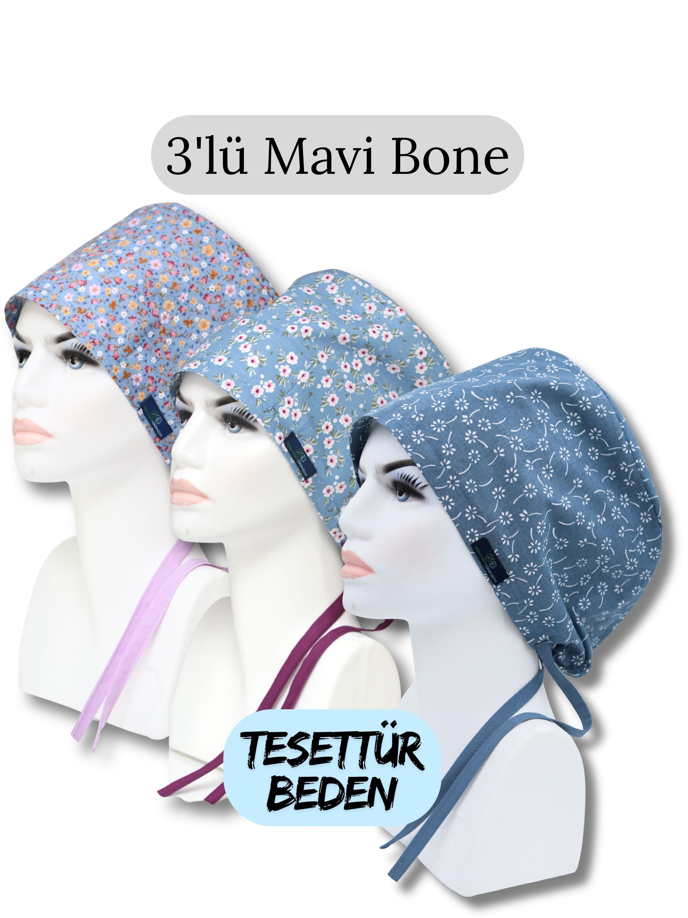 Tesettür Beden 3'lü Mavi Bone İndigo Çıtır Mavi Çiçek Bahçesi Mavi Nazlı Çiçekler Cerrahi Bone