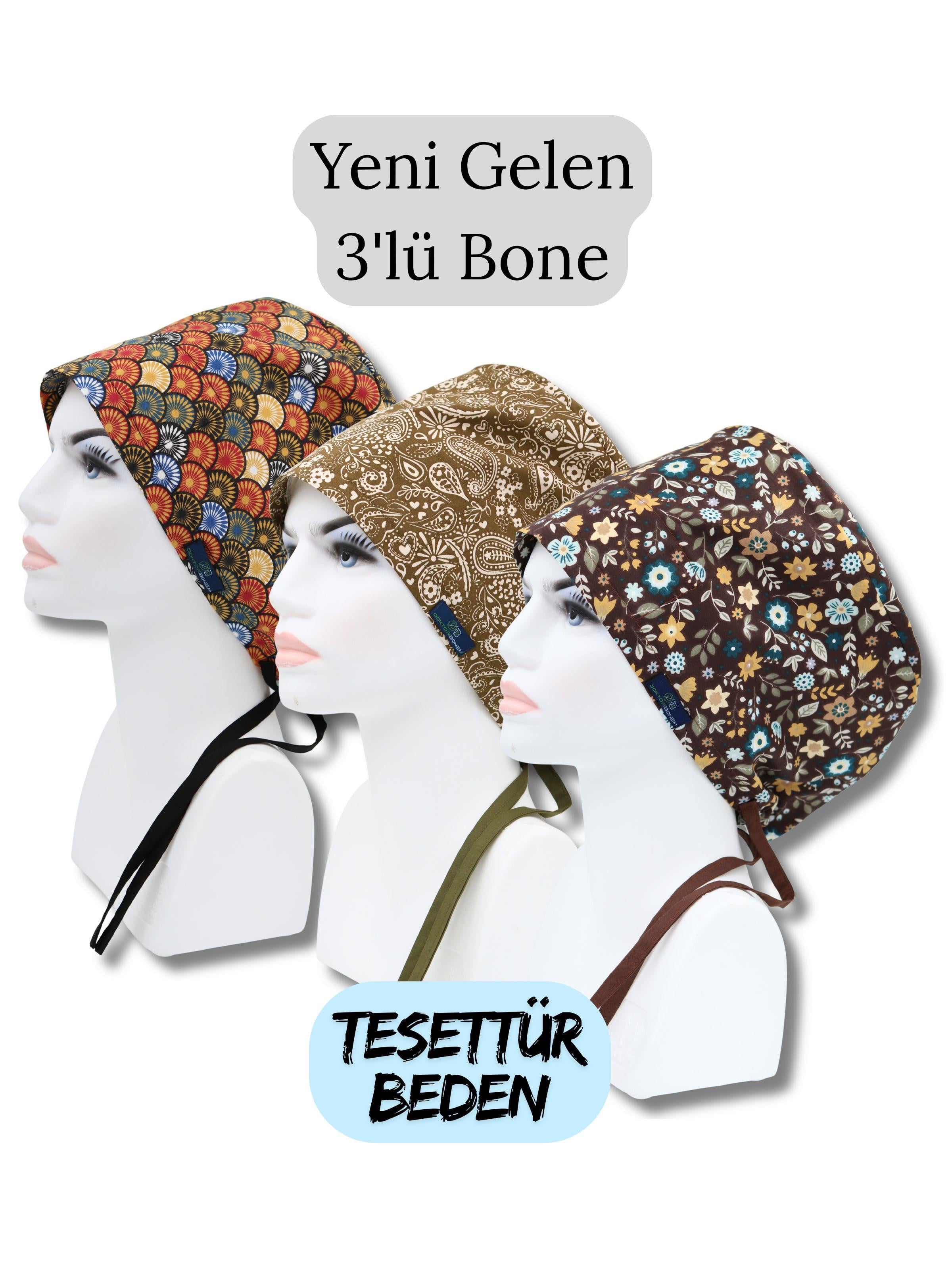 Tesettür Beden 3'lü Paket Renkli Yelpazeler Haki Şal Akasya Çiçekler Kahverengi Cerrahi Bone