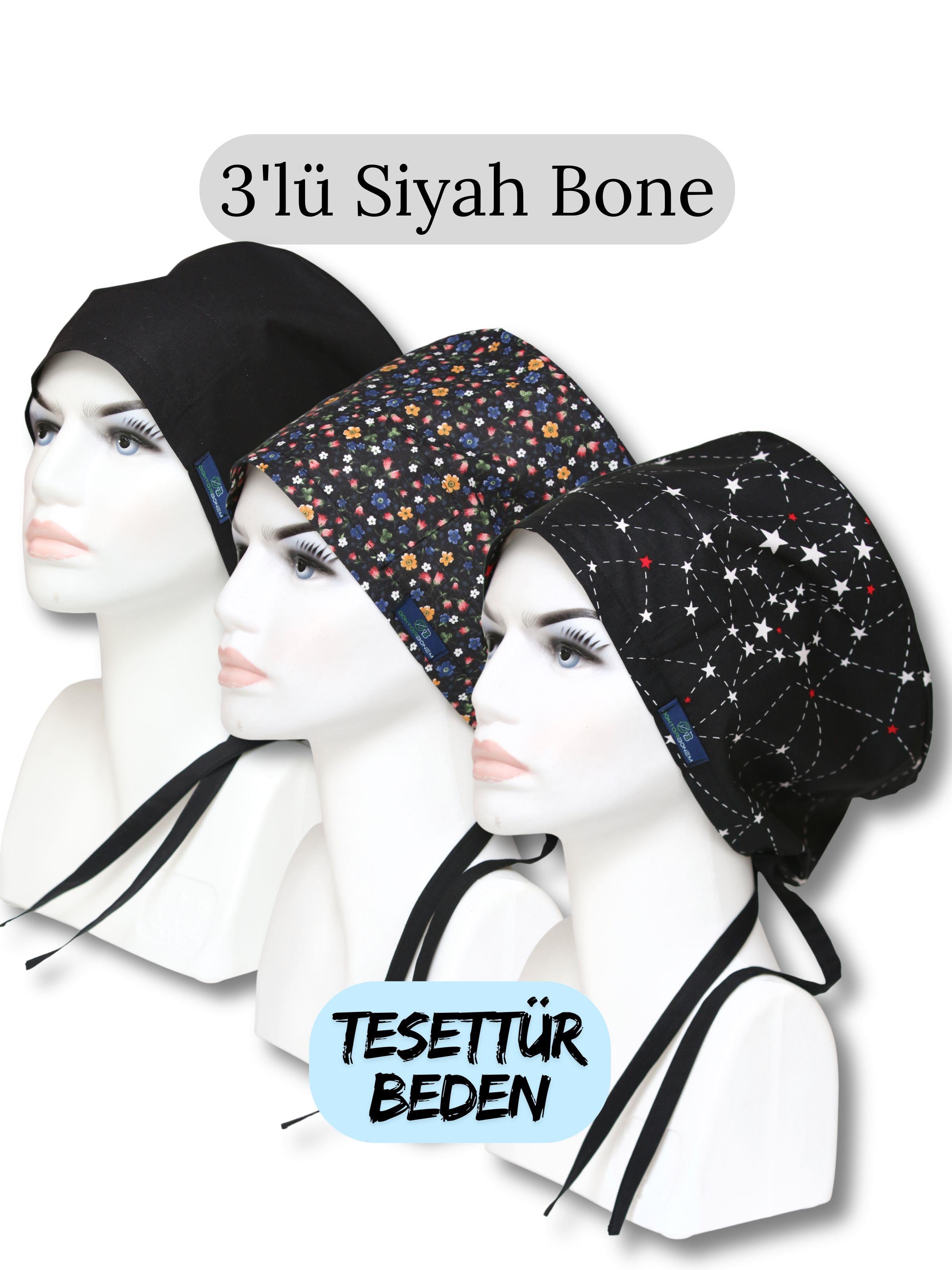 Tesettür Beden 3'lü Siyah Bone Siyah Tek Renk Siyah Çıtır Siyah Takım Yıldızı Cerrahi Bone