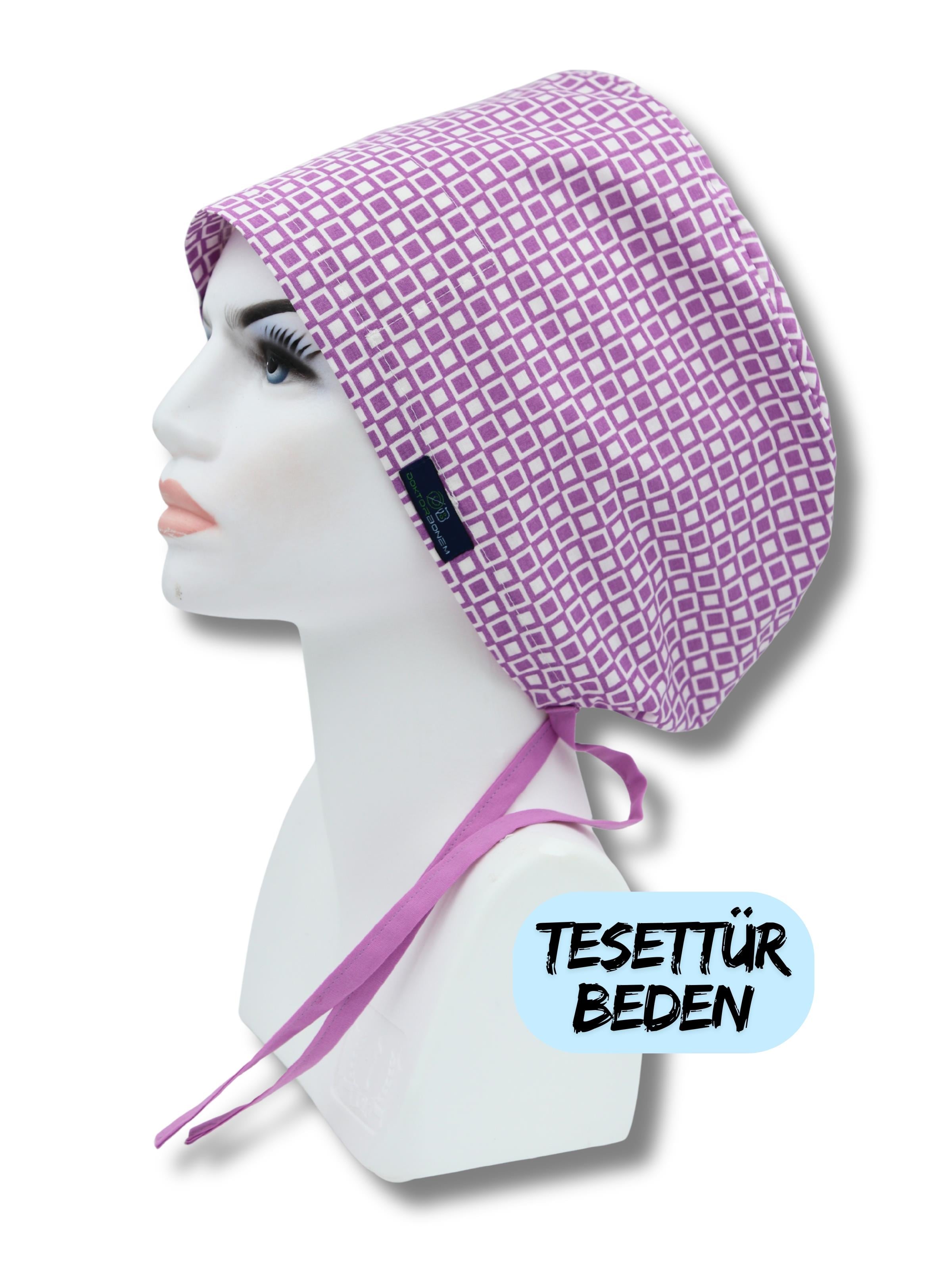 Tesettür Beden Lila Geometrik Desen Cerrahi Bone Doktor Hemşire Sağlıkçı Hastane Bonesi