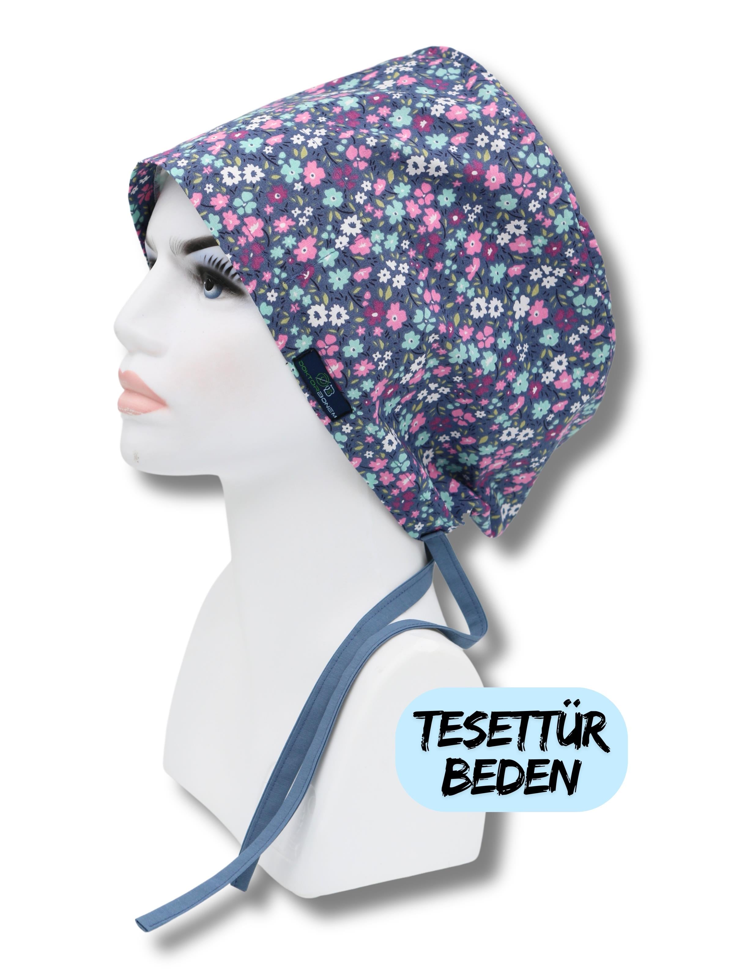Tesettür Beden Mavi Minik Çiçekler Bone Doktor Hemşire Sağlıkçı Hastane Bonesi
