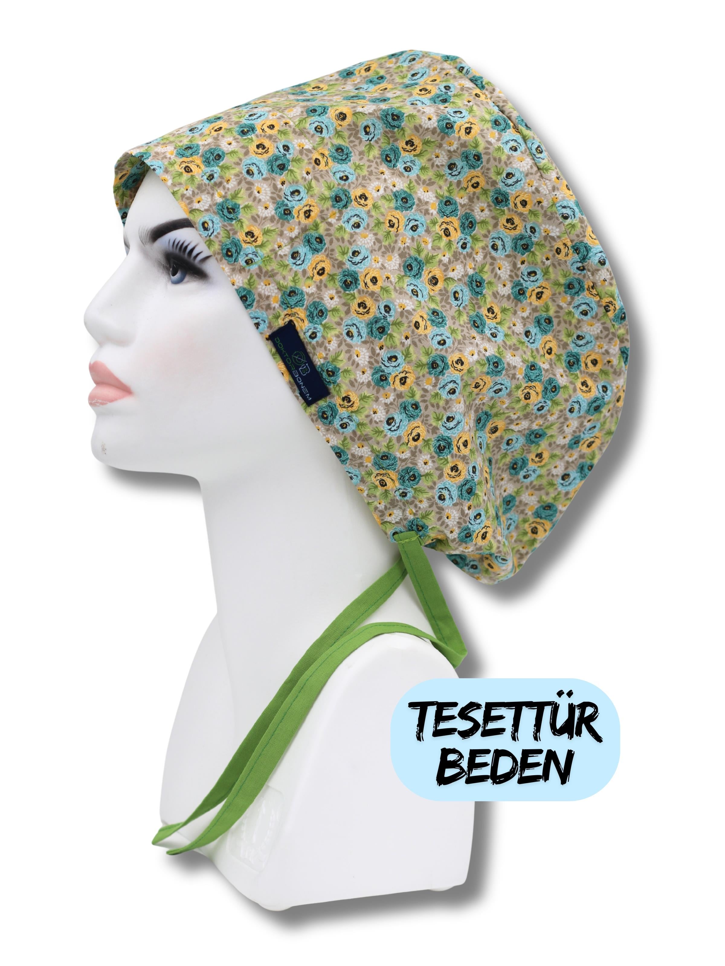 Tesettür Beden Sarmaşık Güller Sarı Mavi Cerrahi Bone Doktor Hemşire Sağlıkçı Hastane Bonesi