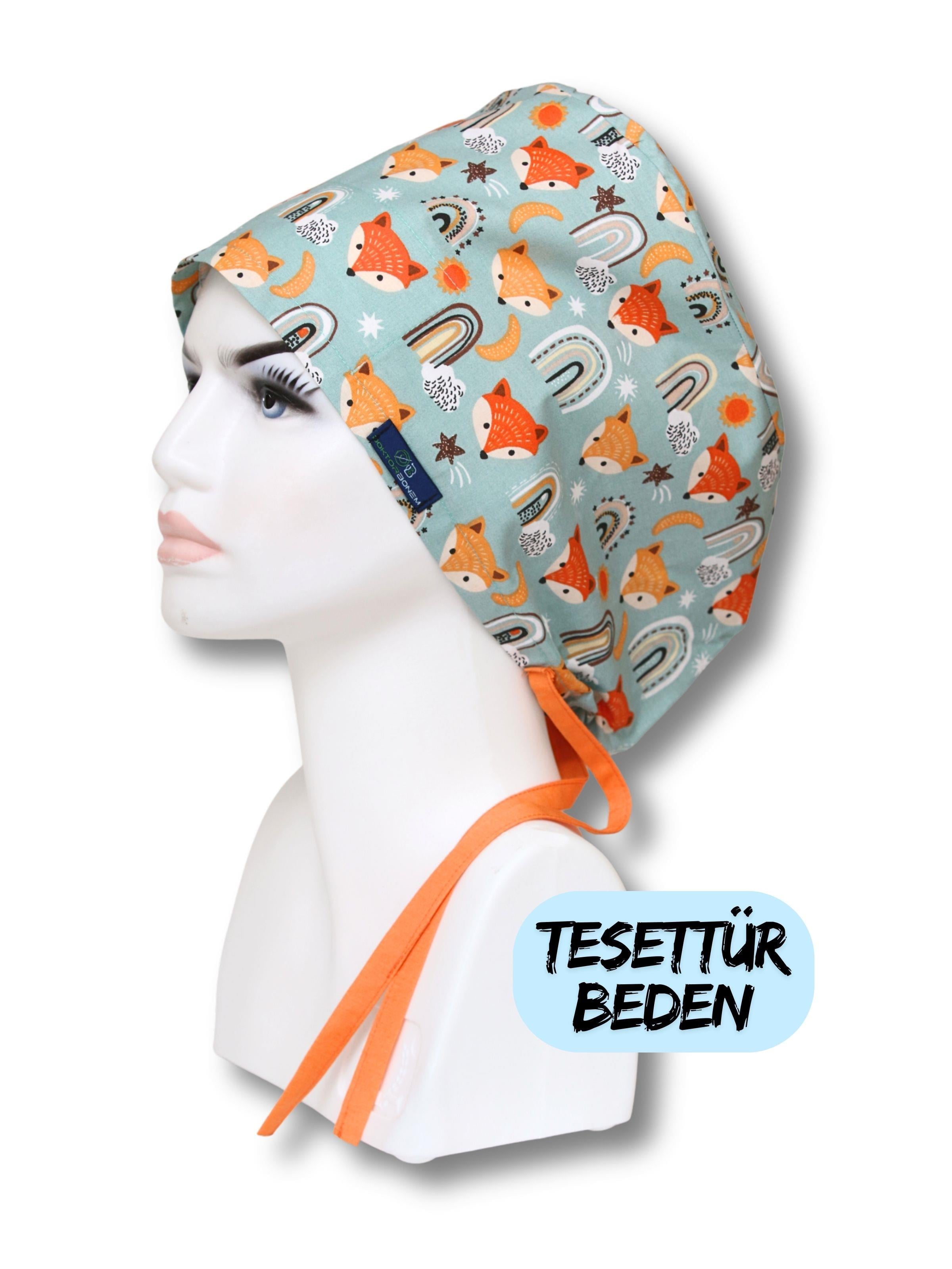 Tesettür Beden Tilki Desenli Turuncu Turkuaz Cerrahi Bone Doktor Hemşire Sağlıkçı Hastane Bonesi