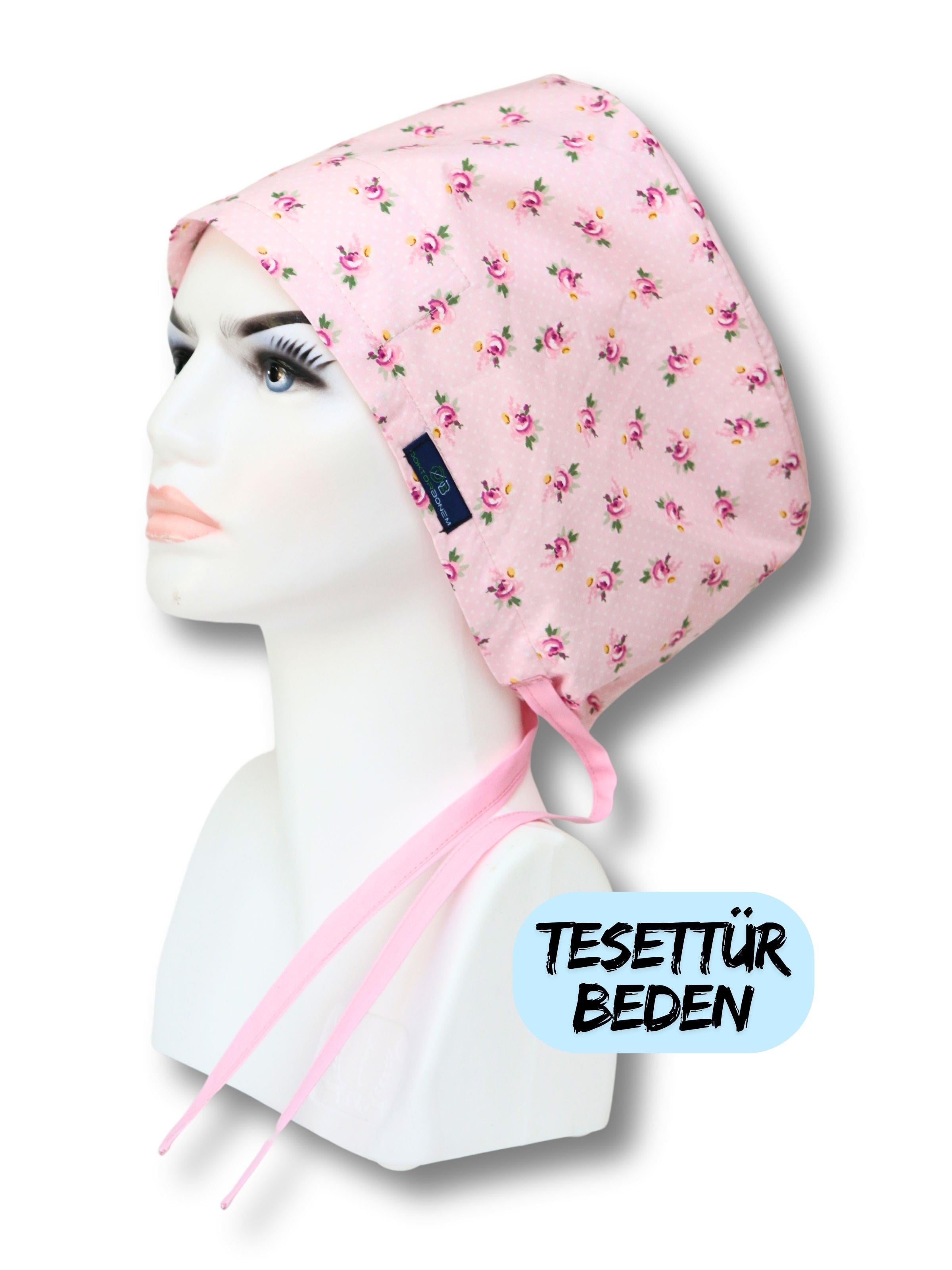 Tesettür Beden Toz Pembe Noktalı Güller Cerrahi Bone Doktor Hemşire Sağlıkçı Hastane Bonesi