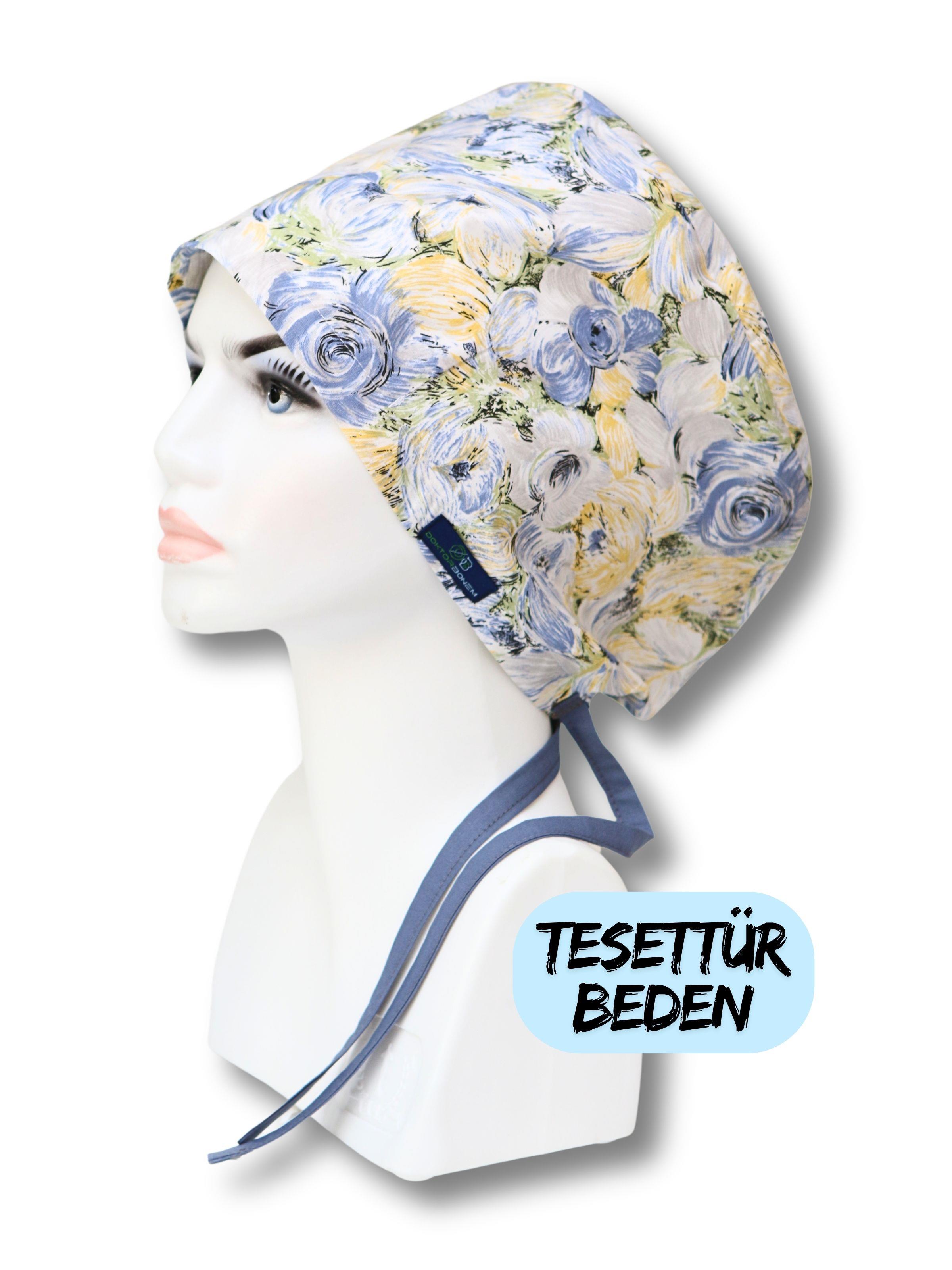 Tesettür Beden Yağlı Boya Çiçekler Mavi Cerrahi Bone Doktor Hemşire Sağlıkçı Hastane Bonesi