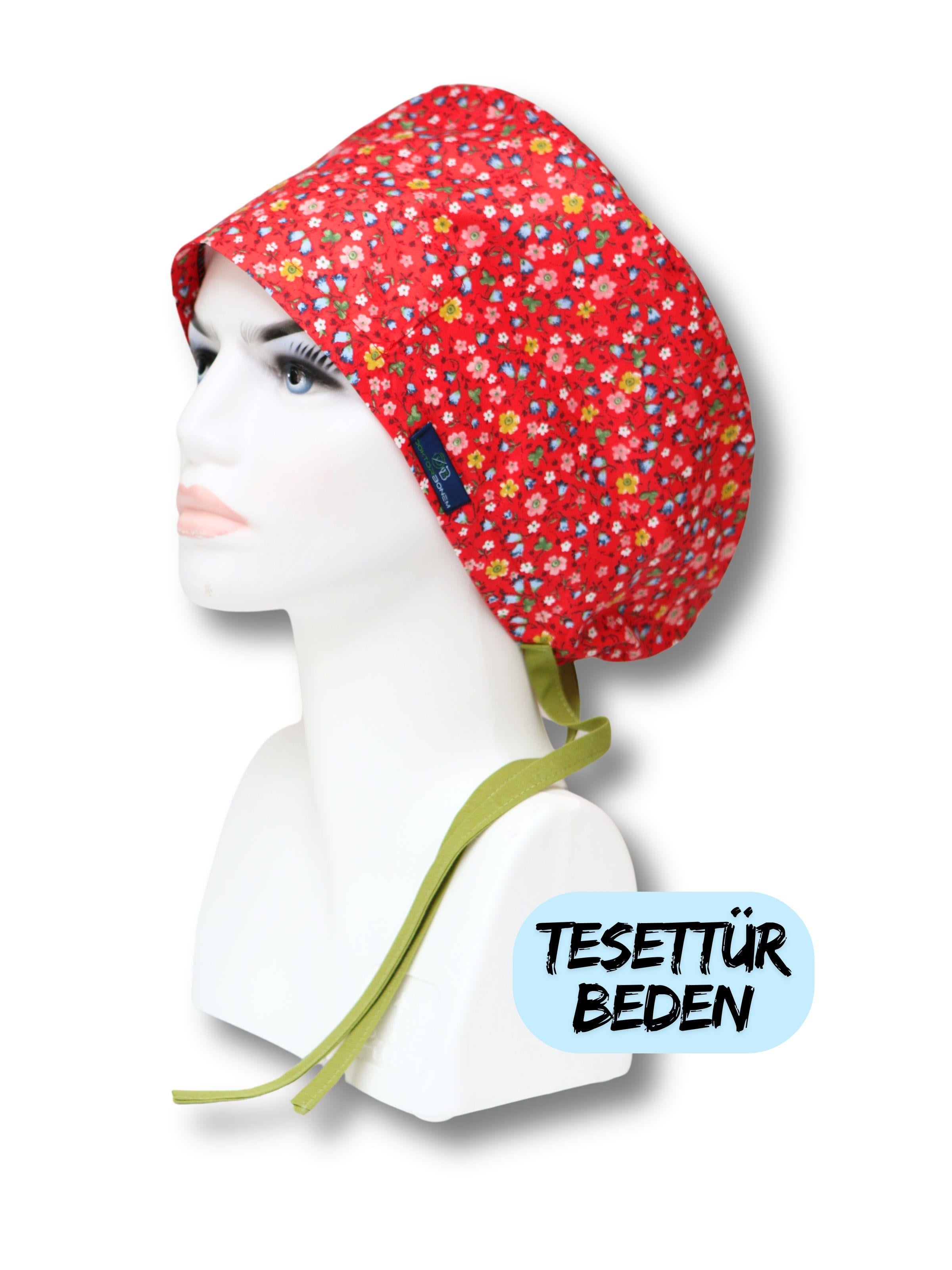 Tesettür Kırmızı Çıtır Çiçek Desenli Cerrahi Bone Doktor Hemşire Sağlıkçı Bonesi Geniş Kesim