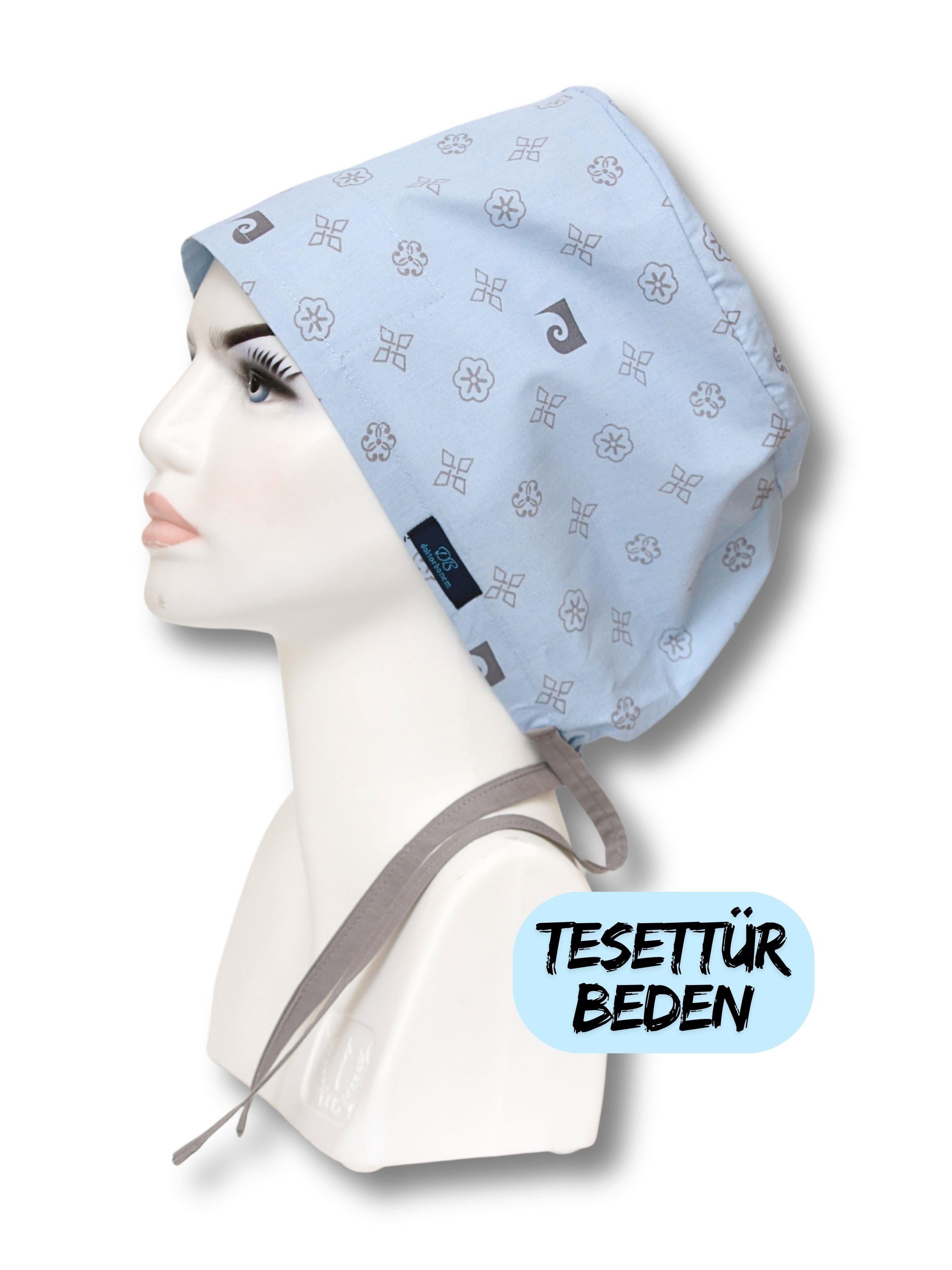 Tesettür Mavi Desenli Cerrahi Bone Doktor Hemşire Sağlıkçı Bonesi Geniş Kesim