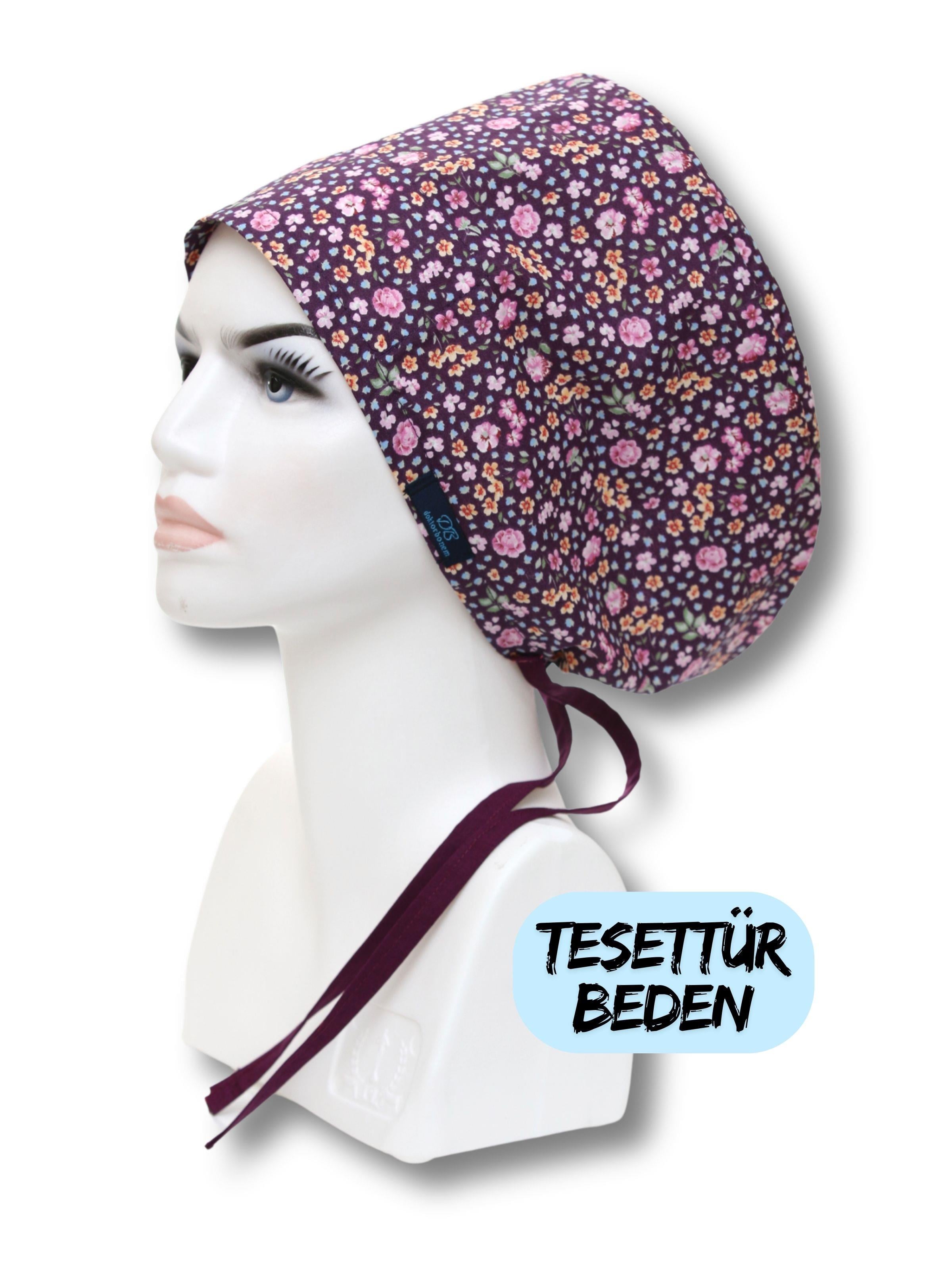 Tesettür Mor Çıtır Çiçekler Desenli Cerrahi Bone Doktor Hemşire Sağlıkçı Hastane Aşçı Bonesi Geniş