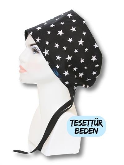 Tesettür Siyah Büyük Yıldız Desenli Cerrahi Bone Doktor Hemşire Sağlıkçı Bonesi Geniş Kesim