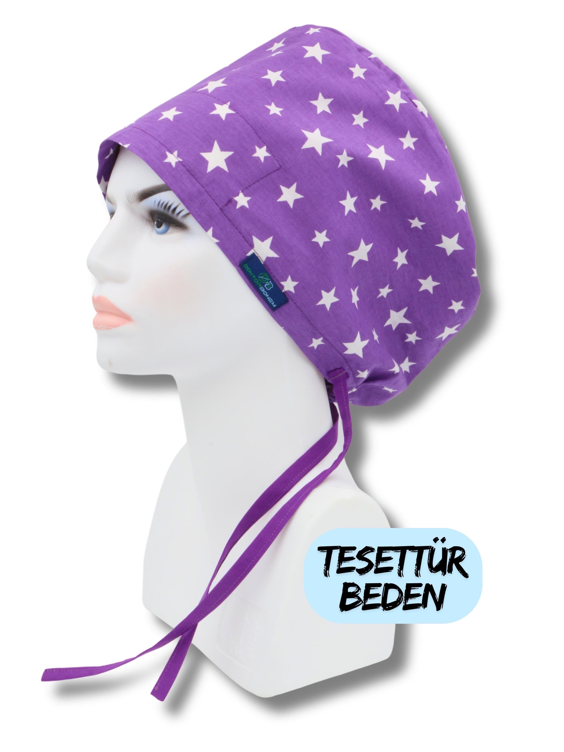 Tesettür Mor Yıldızlar Cerrahi Bone Doktor Hemşire Sağlıkçı Bonesi Geniş Kesim