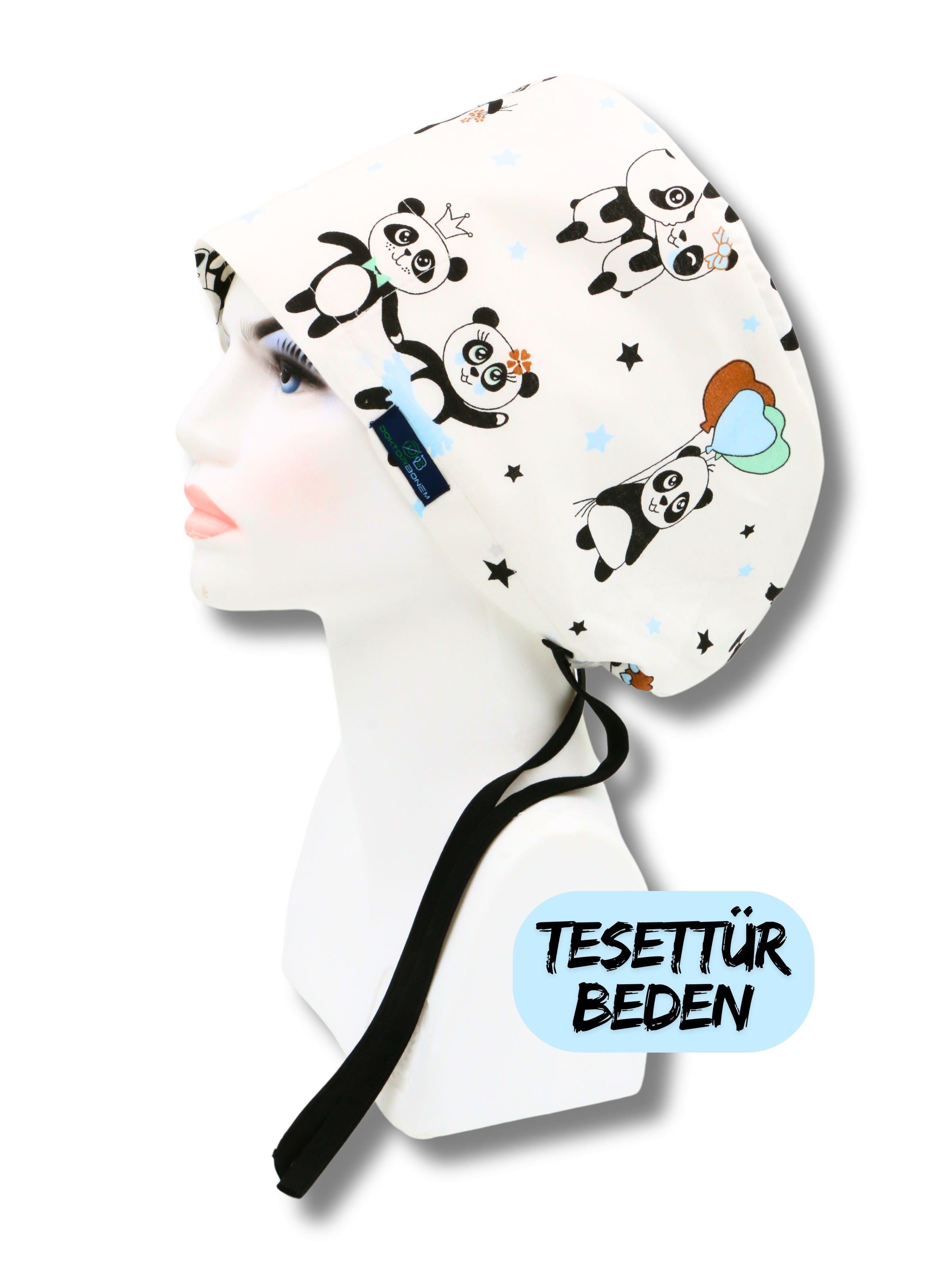  Tesettür Panda Desenli Cerrahi Bone Doktor Hemşire Sağlıkçı Bonesi Geniş Kesim
