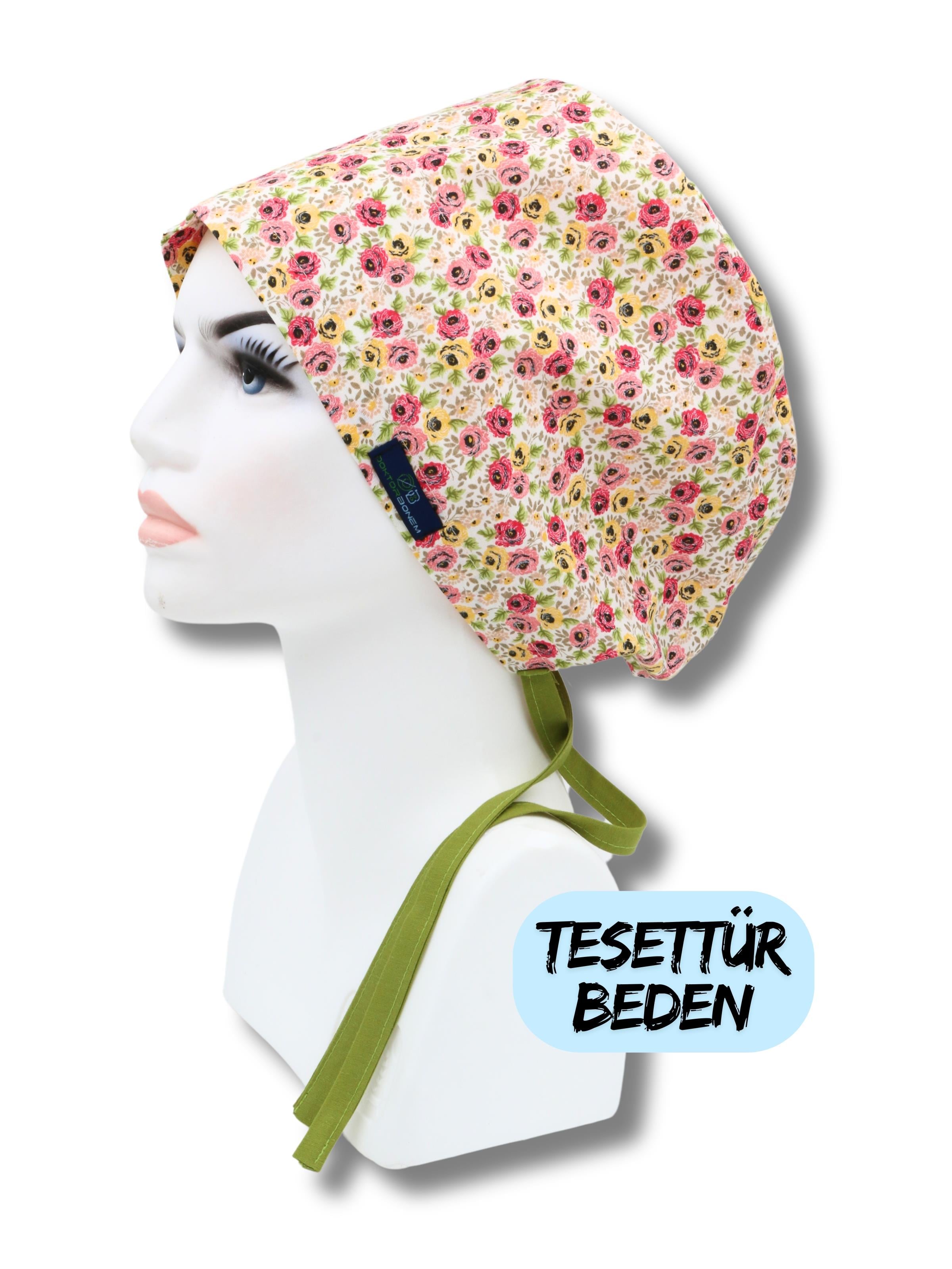  Tesettür Sarmaşık Güller Sarı Pembe Cerrahi Bone Doktor Hemşire Sağlıkçı Bonesi Geniş Kesim