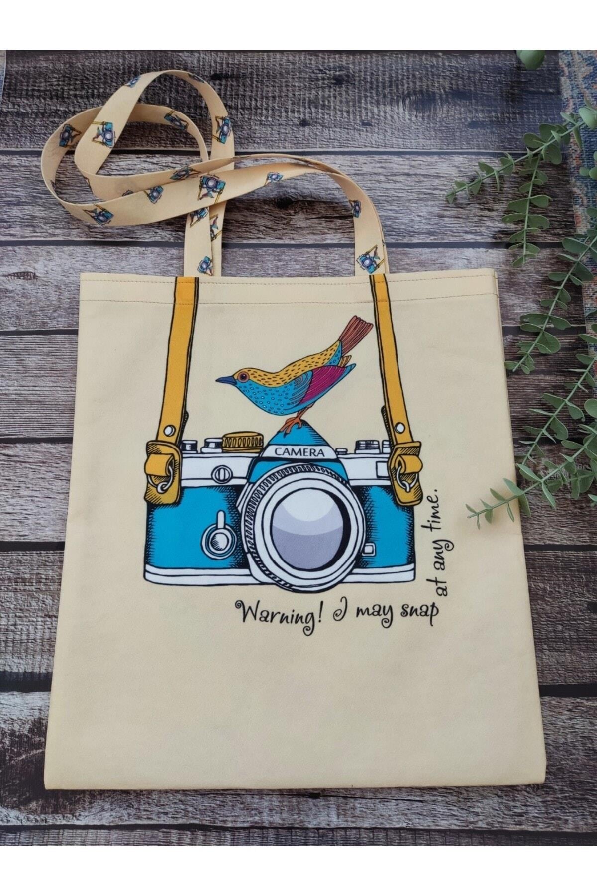 Fotoğraf Makinesi Kamera Desenli Baskılı Kumaş Çanta Omuz Askılı Bez Çanta