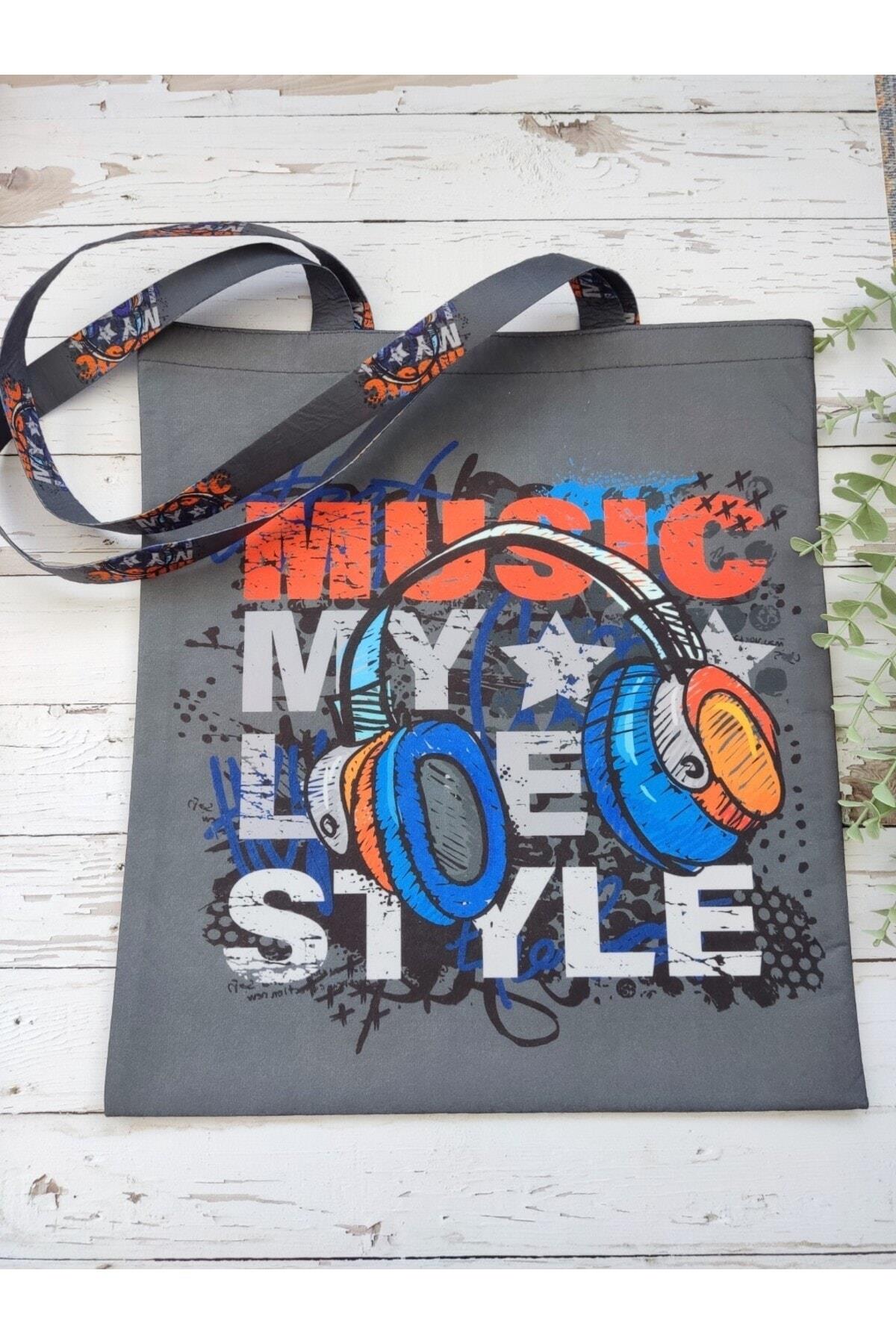 Müzik Lifestyle Desenli Baskılı Kumaş Çanta Omuz Askılı Bez Çanta