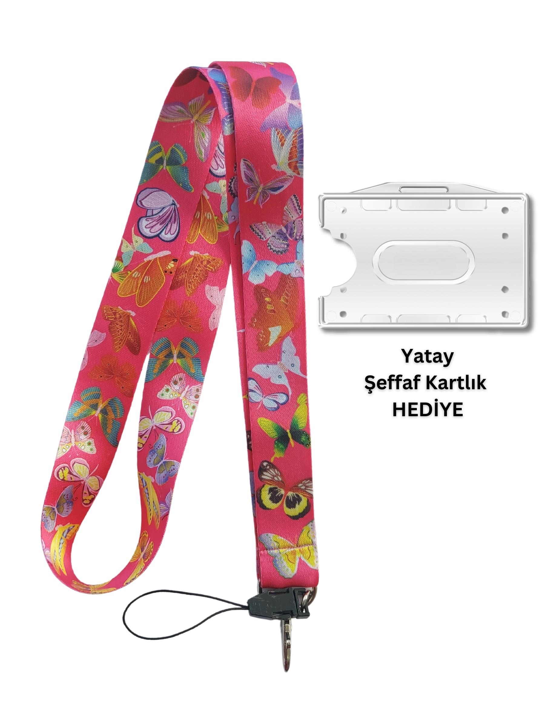 Pembe Kelebekler Kart Askısı Yaka Kartı Boyun Askı İpi Telefon Askısı Yatay Dikey Kart Koruyucu