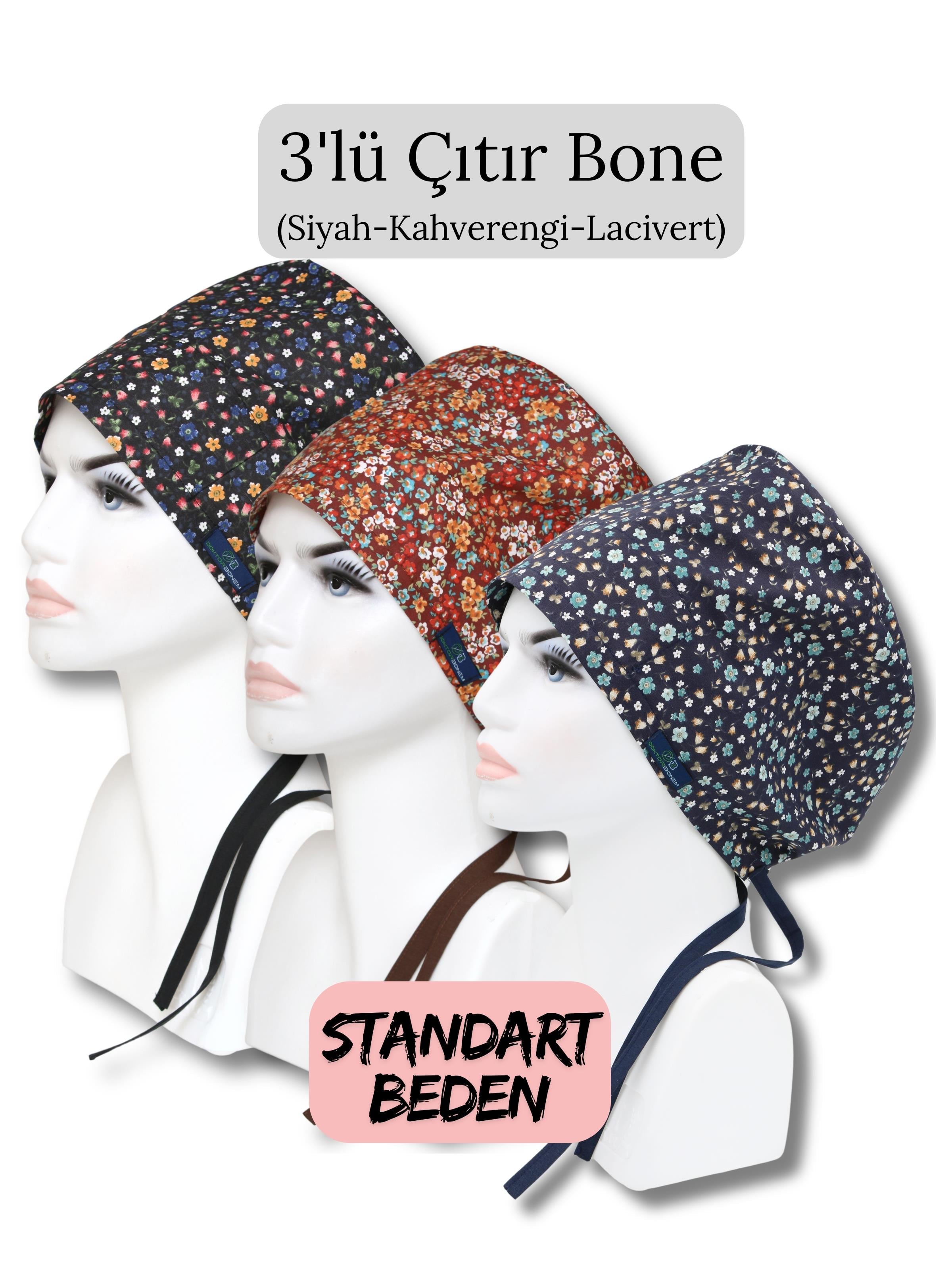 Standart Beden 3lü Çıtır Bone Siyah Çıtır Kahverengi Çıtır Lacivert Çıtır Çiçekler Cerrahi Bone