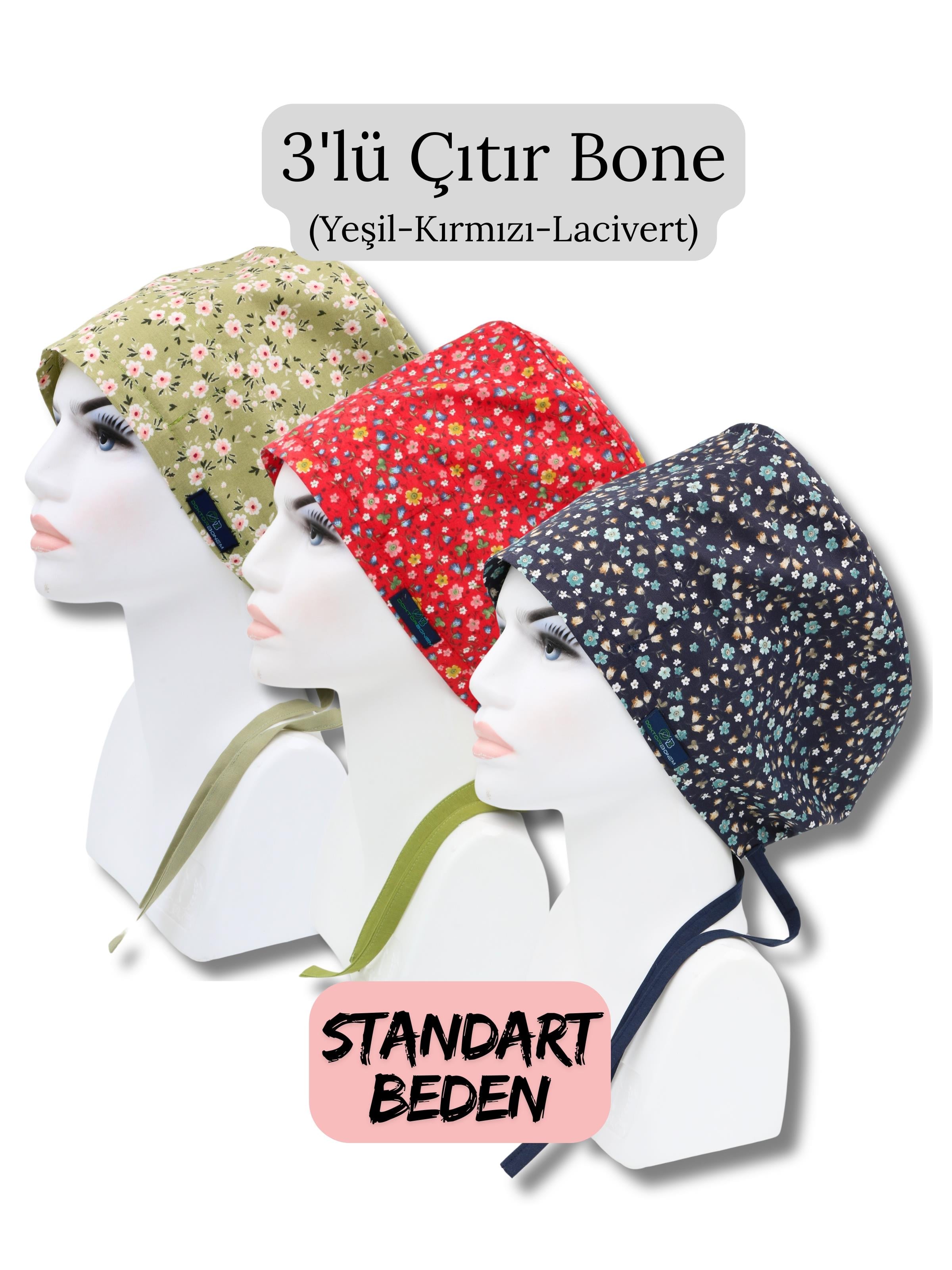 Standart Beden 3lü Çıtır Bone Yeşil Çiçek Bahçesi Kırmızı Çıtır Lacivert Çıtır Çiçekler Cerrahi Bone