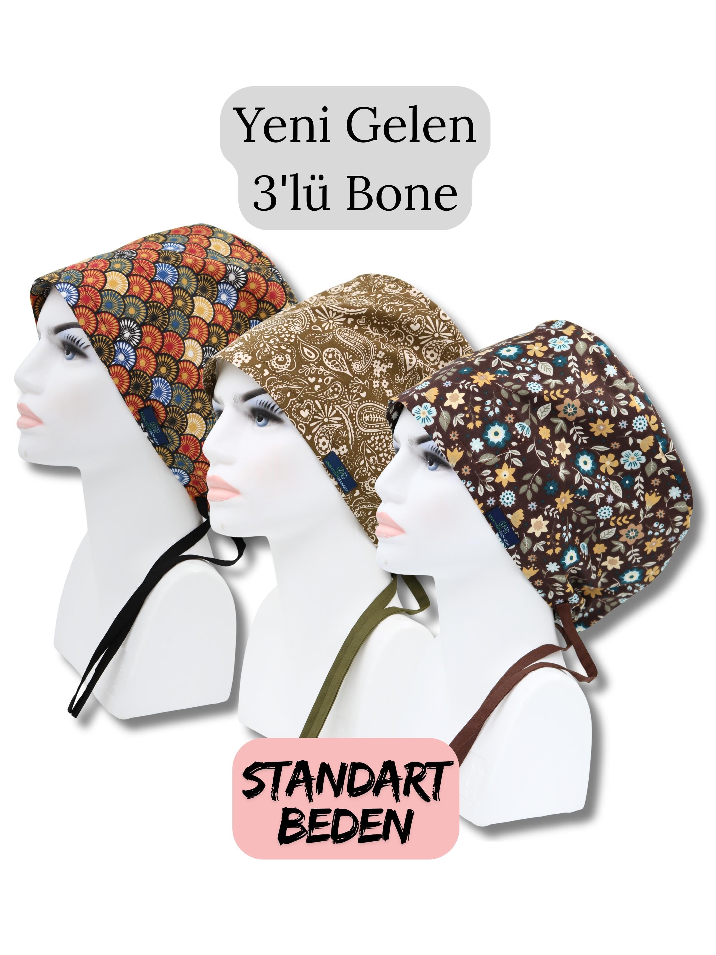 Standart Beden 3lü Paket Renkli Yelpazeler Haki Şal Akasya Çiçekler Kahverengi Cerrahi Bone