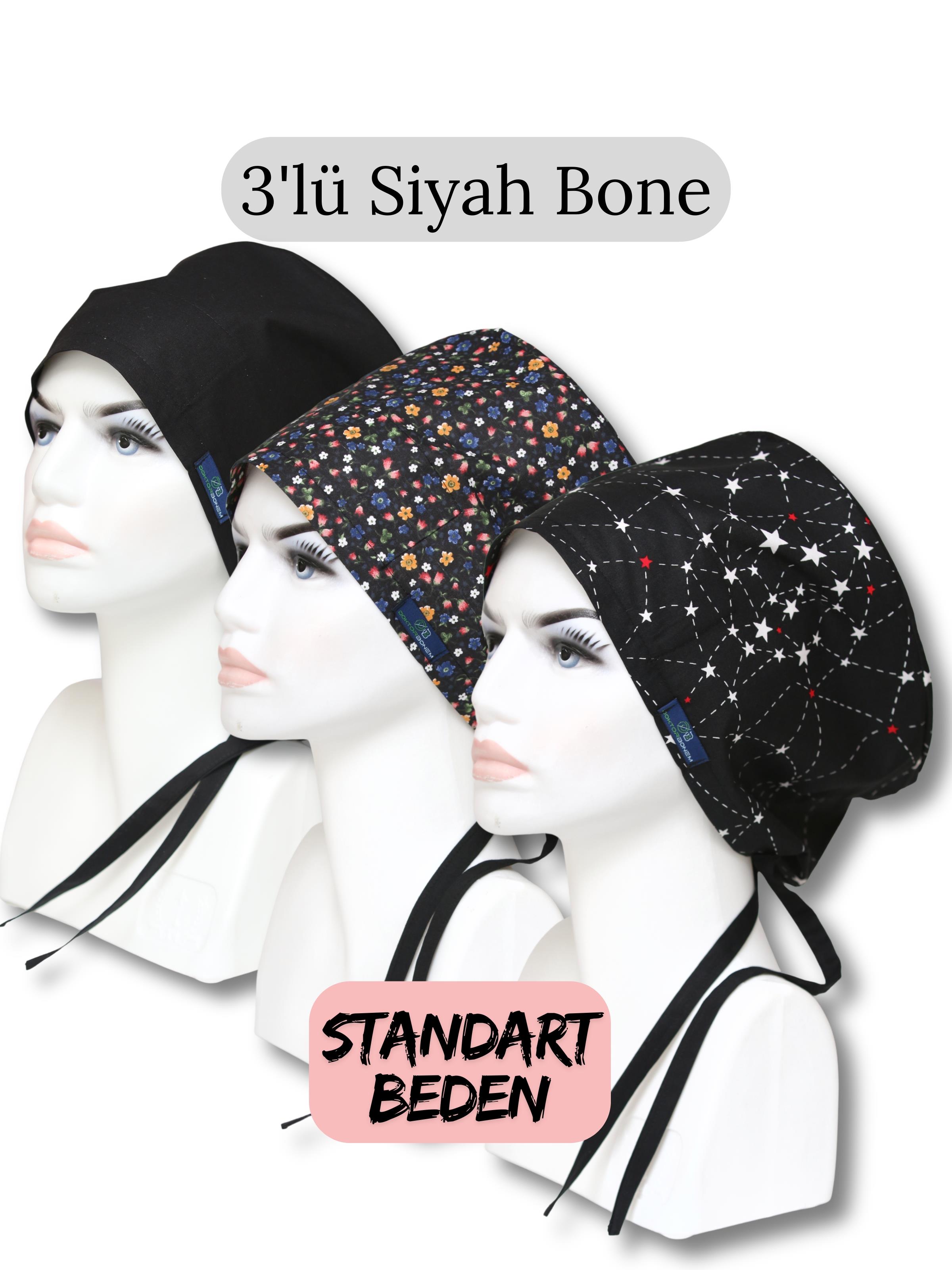 Standart Beden 3lü Siyah Bone Siyah Tek Renk Siyah Çıtır Siyah Takım Yıldızı Cerrahi Bone