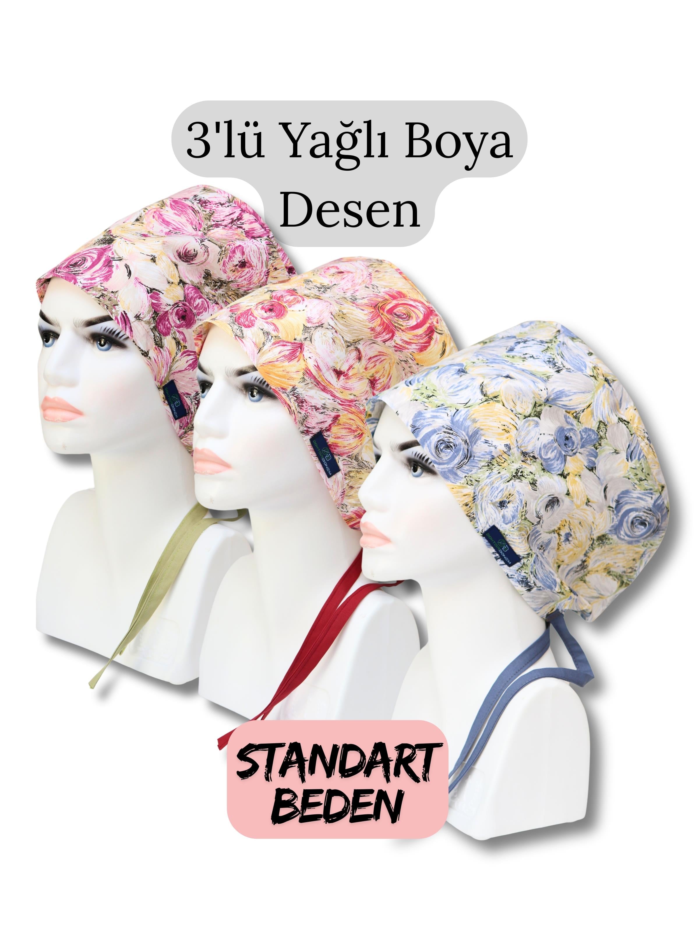 Standart Beden 3lü Yağlı Boya Desen Fuşya Sarı Mavi Yağlı Boya Çiçekler Cerrahi Bone