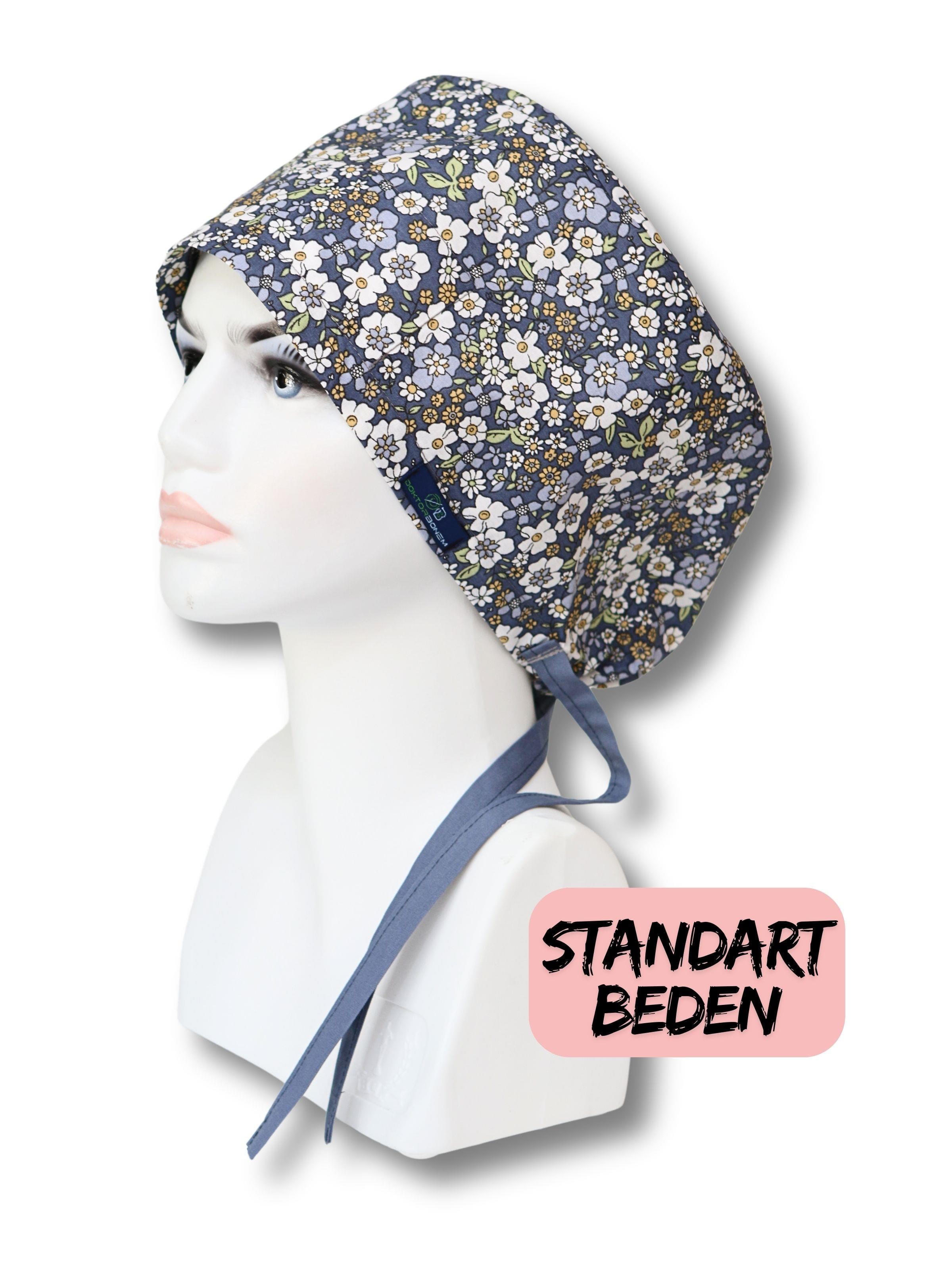 Standart Beden Bahar Çiçekleri Mavi Cerrahi Bone Doktor Hemşire Sağlıkçı Hastane Bonesi