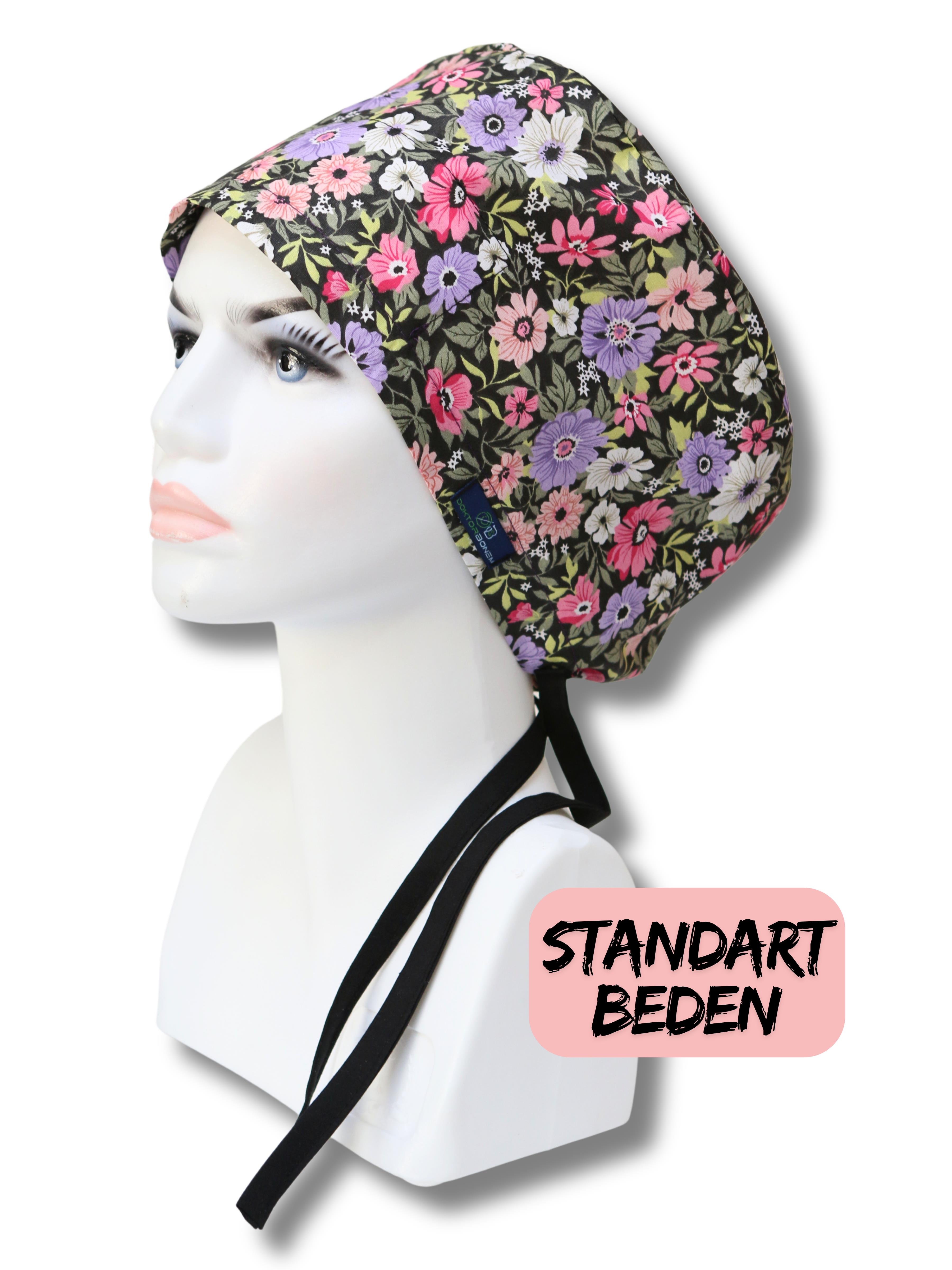 Standart Beden Büyük Çiçekler Lila Pembe Cerrahi Bone Doktor Hemşire Sağlıkçı Hastane Bonesi