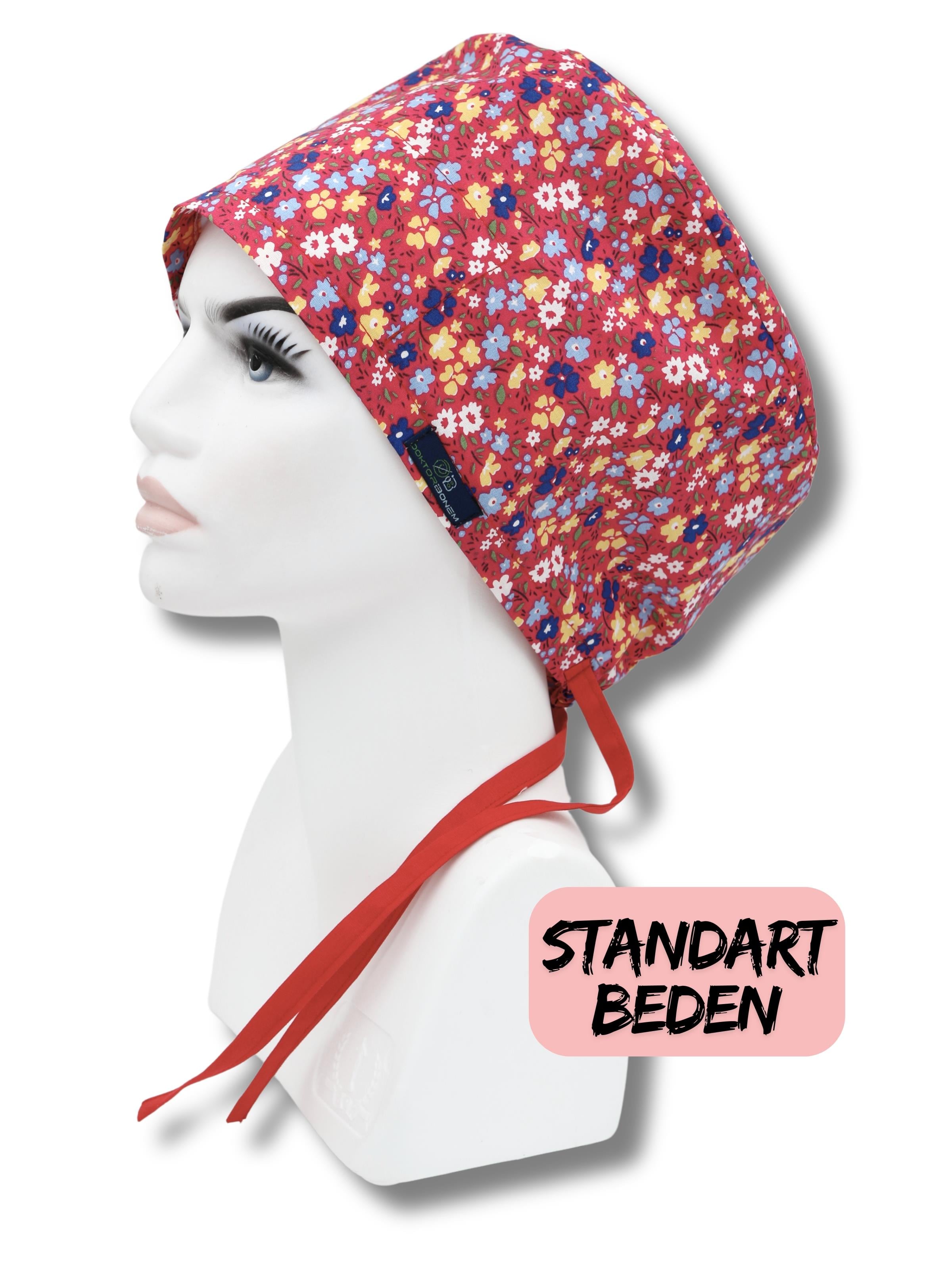 Standart Beden Fuşya Minik Çiçekler Cerrahi Bone Doktor Hemşire Sağlıkçı Hastane Bonesi