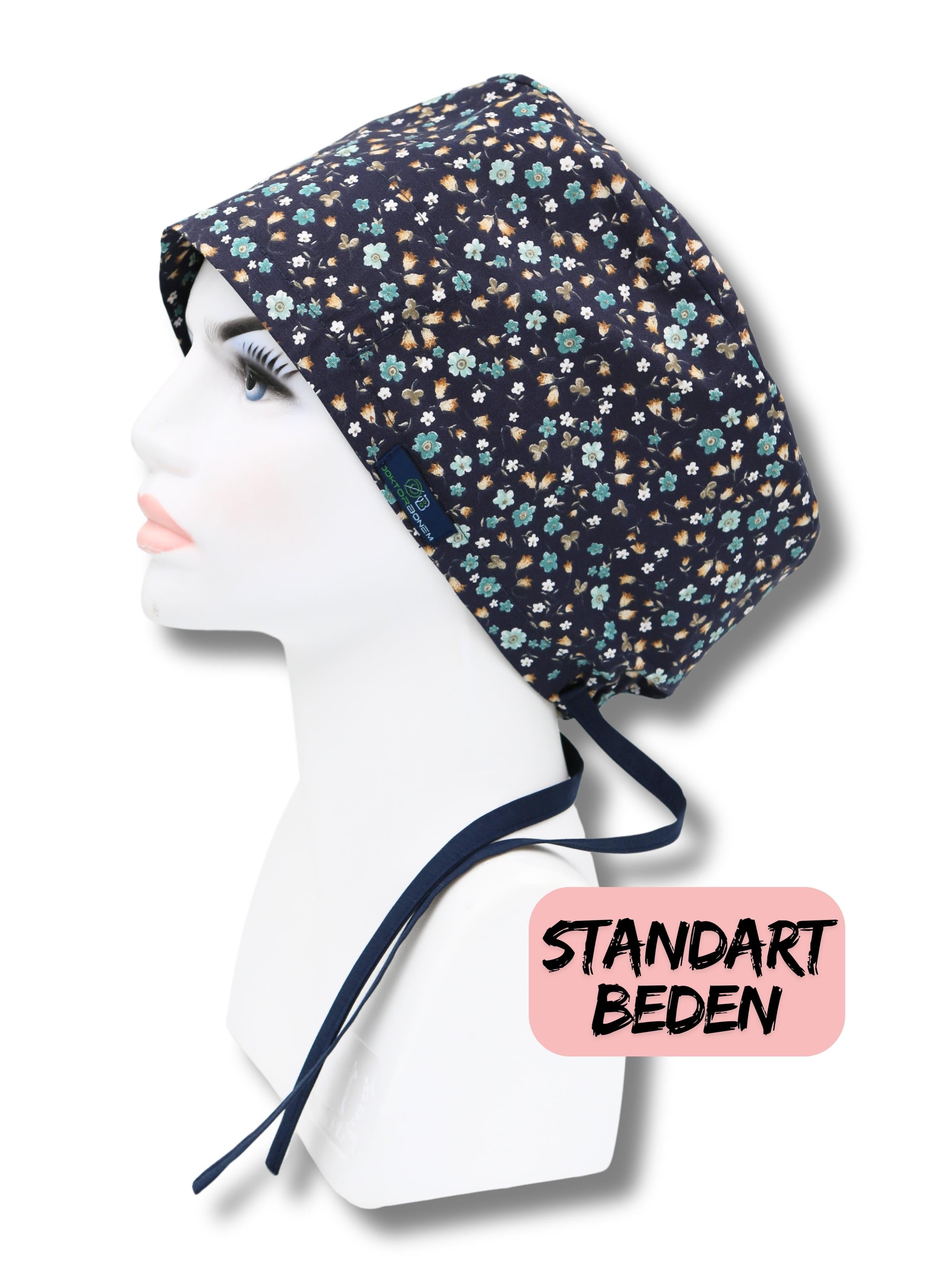 Standart Beden Lacivert Çıtır Çiçekler Cerrahi Bone Doktor Hemşire Sağlıkçı Hastane Bonesi