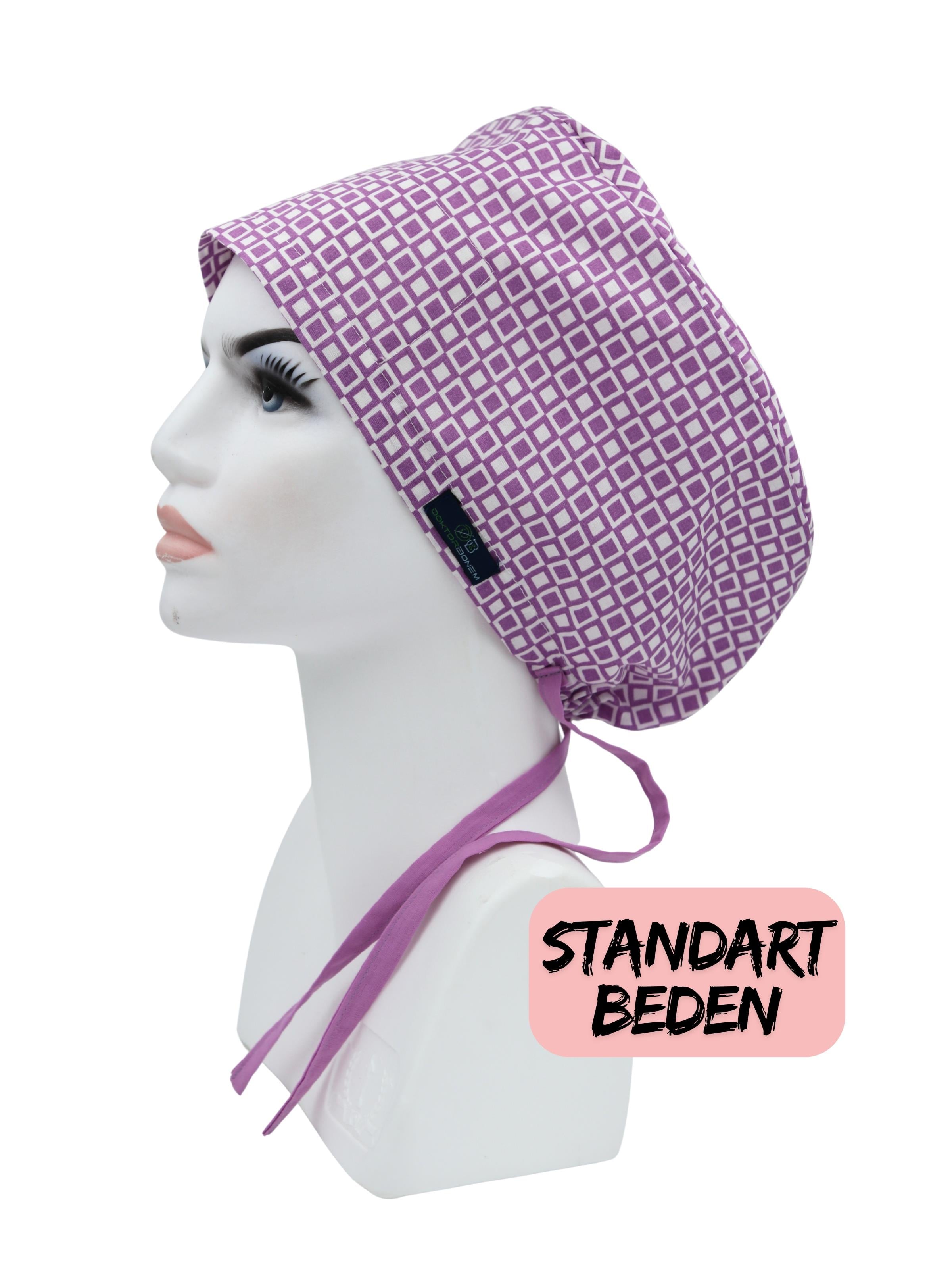 Standart Beden Lila Geometrik Desen Cerrahi Bone Doktor Hemşire Sağlıkçı Hastane Bonesi