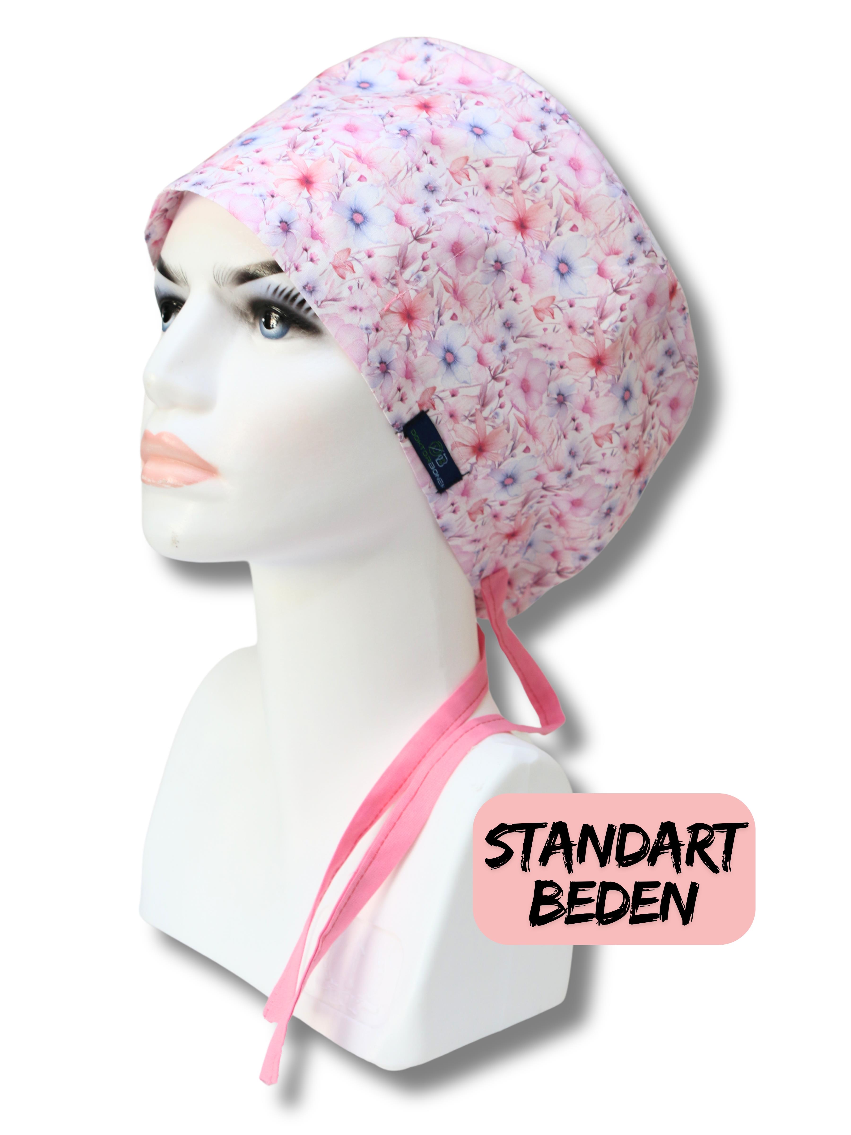 Standart Beden Pembe Çiçekler Cerrahi Bone Doktor Hemşire Sağlıkçı Hastane Bonesi