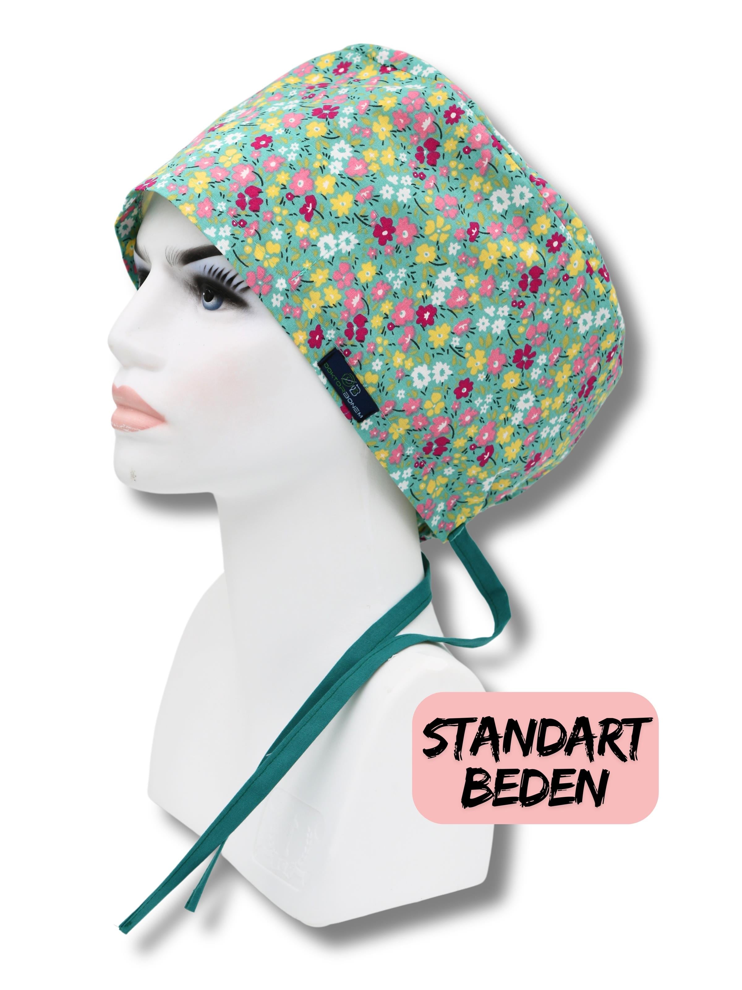 Standart Beden Yeşil Minik Çiçekler Cerrahi Bone Doktor Hemşire Sağlıkçı Hastane Bonesi