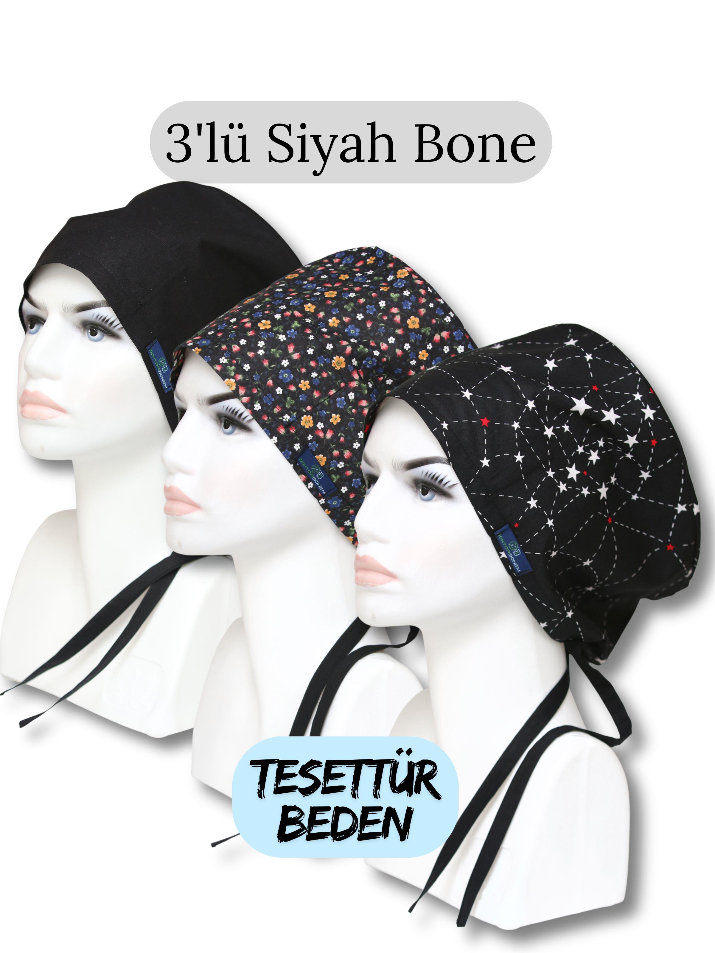 Tesettür Beden 3'lü Siyah Bone Siyah Tek Renk Siyah Çıtır Siyah Takım Yıldızı Cerrahi Bone