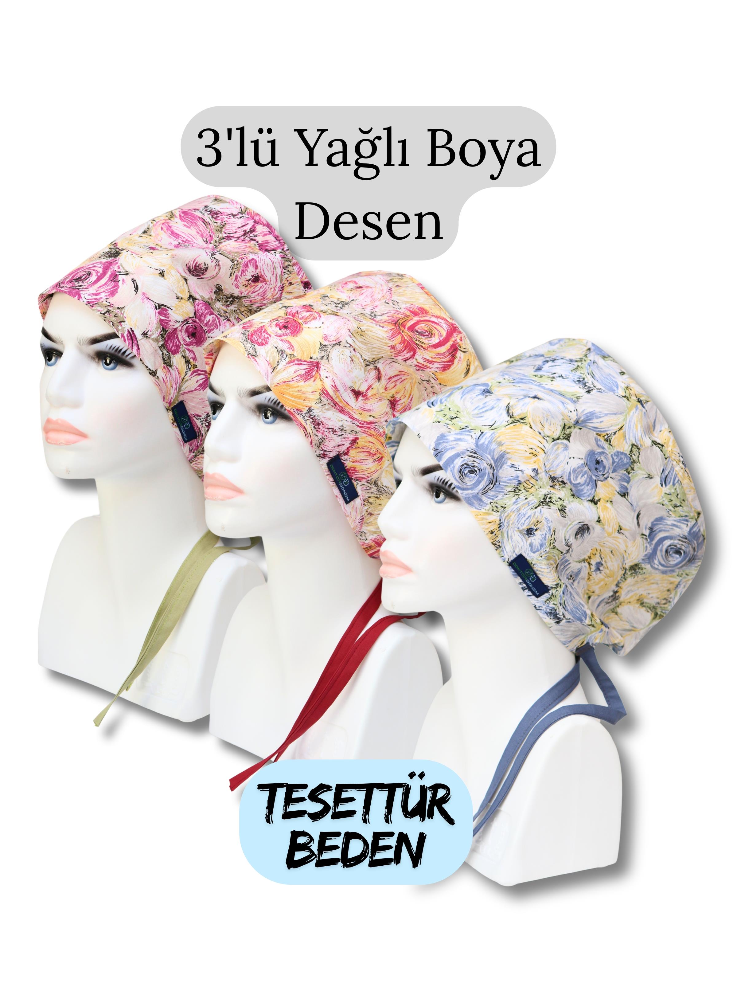 Tesettür Beden 3lü Yağlı Boya Desen Fuşya Sarı Mavi Yağlı Boya Çiçekler Cerrahi Bone