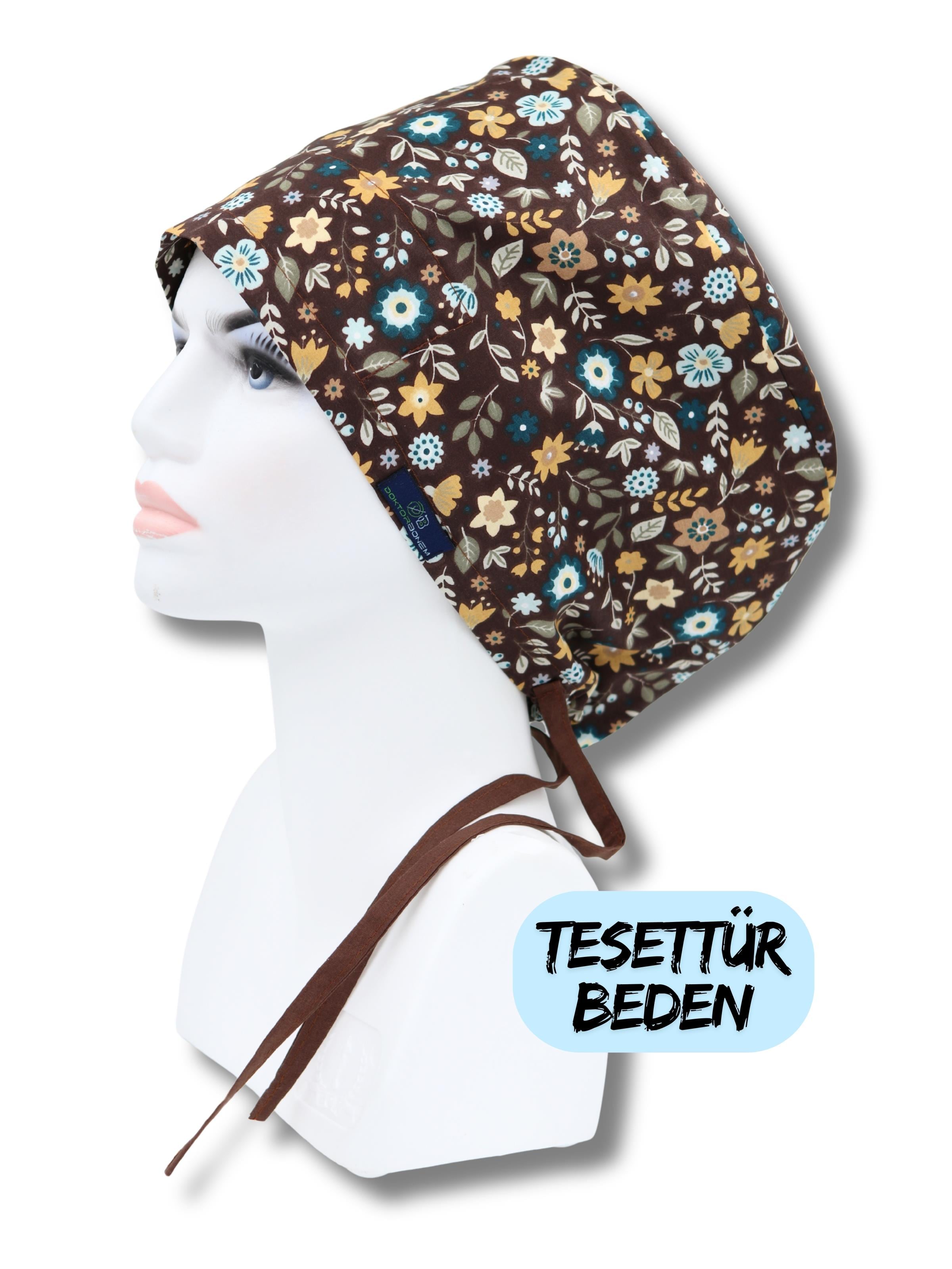 Tesettür Beden Akasya Çiçekler Kahverengi Cerrahi Bone Doktor Hemşire Sağlıkçı Hastane Bonesi