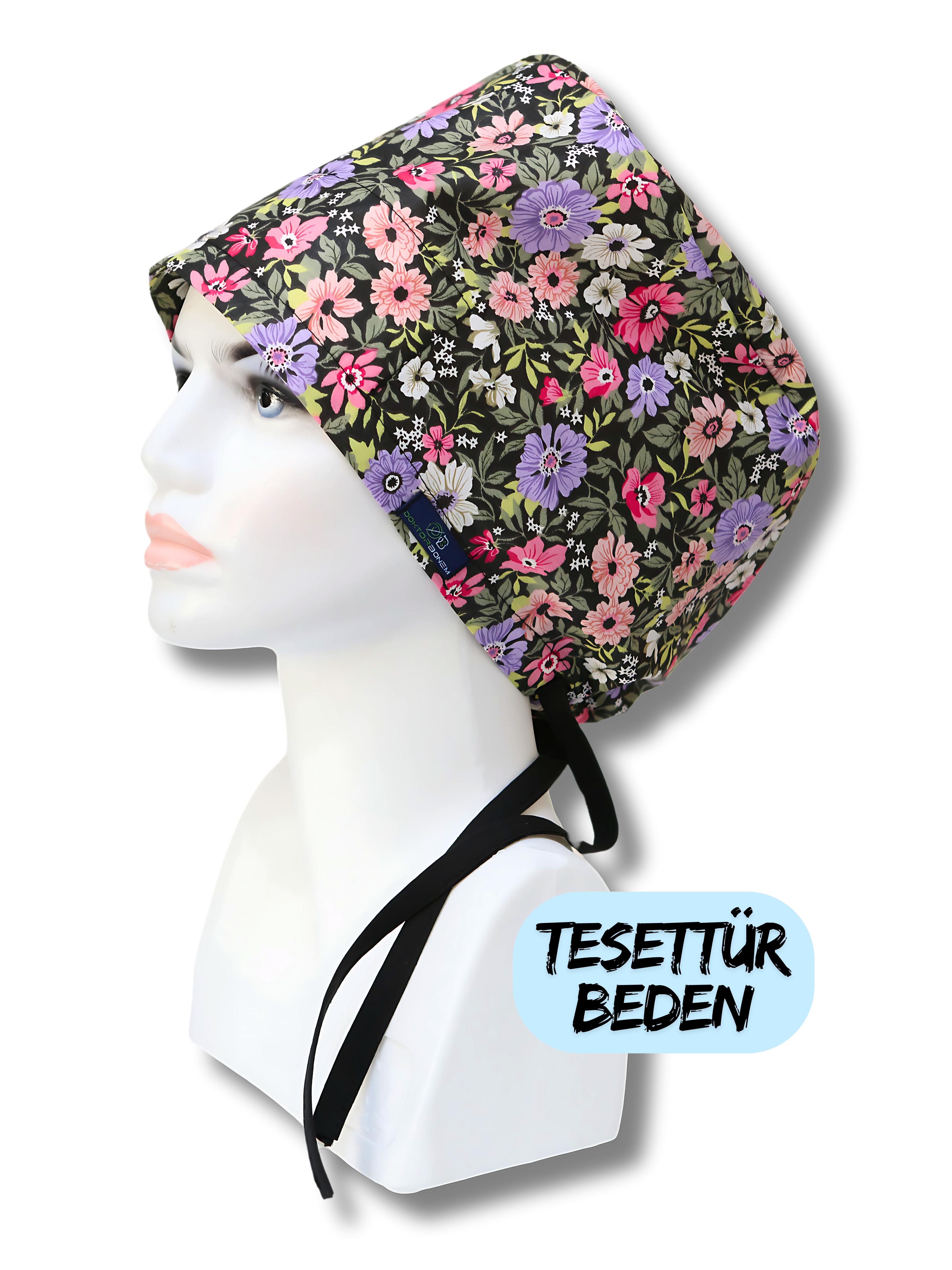 Tesettür Beden Büyük Çiçekler Lila Pembe Bone Doktor Hemşire Sağlıkçı Hastane Bonesi