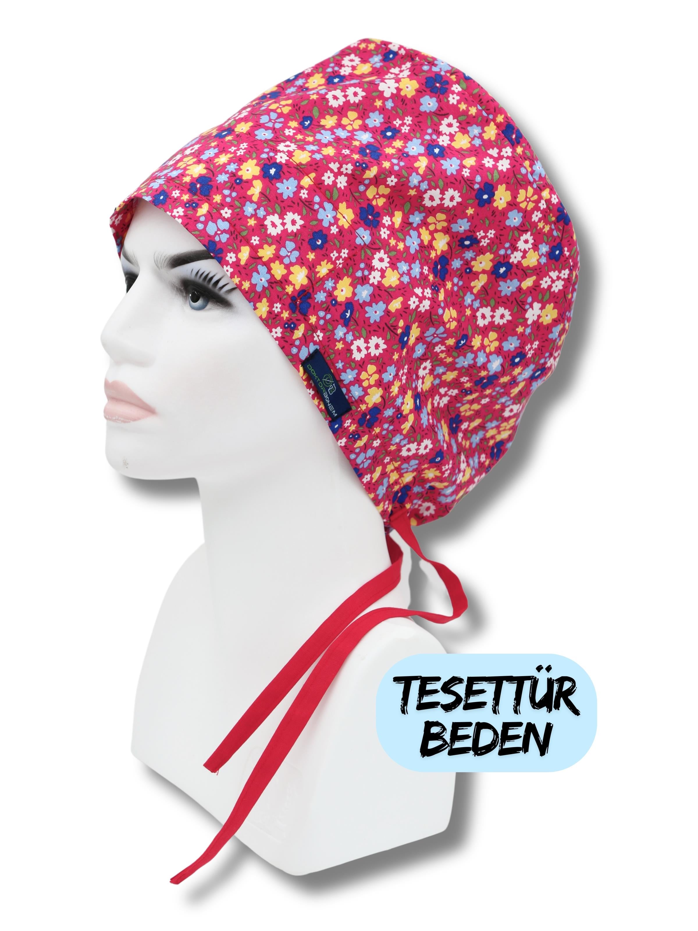 Tesettür Beden Fuşya Minik Çiçekler Bone Doktor Hemşire Sağlıkçı Hastane Bonesi