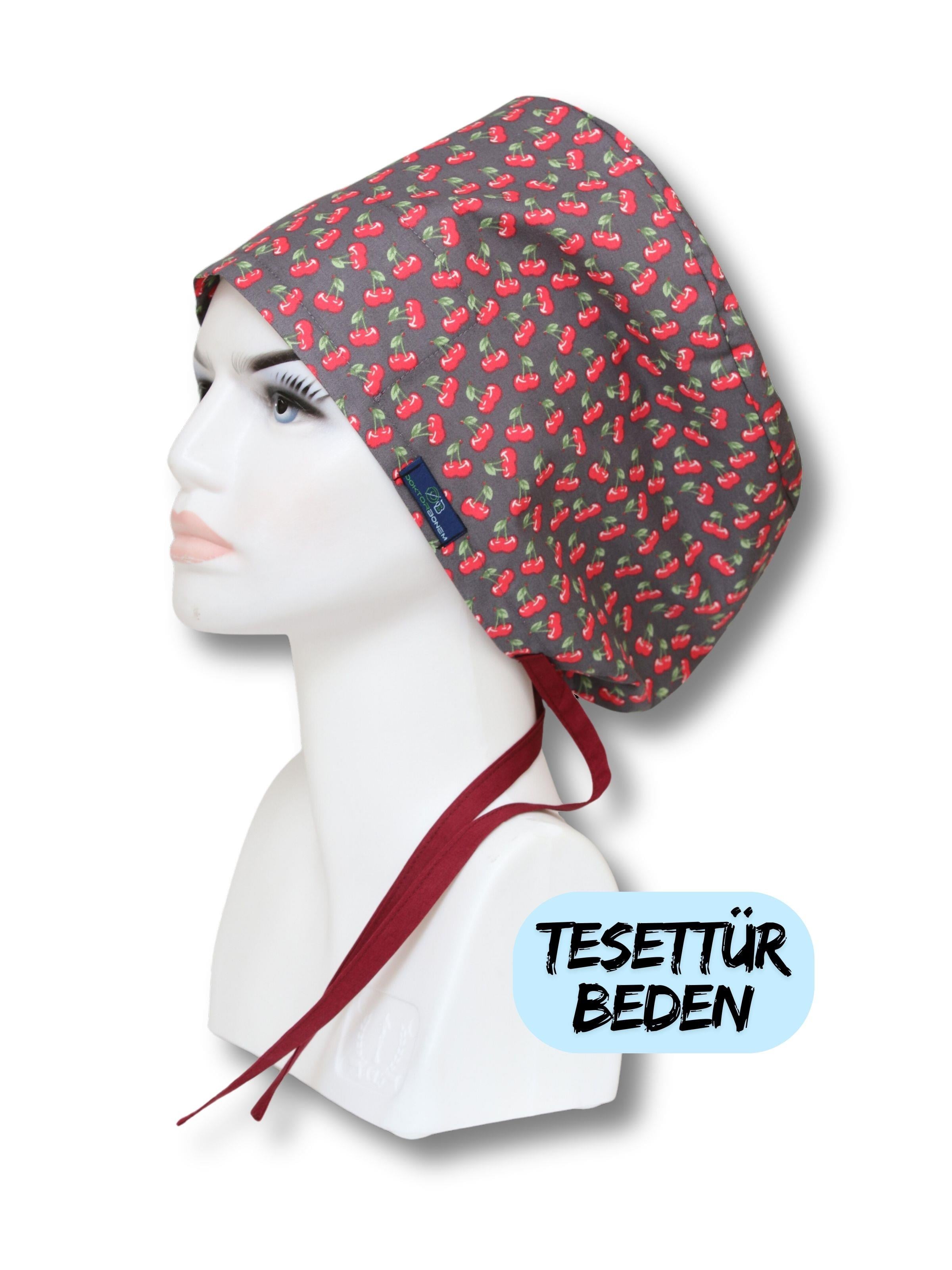 Tesettür Beden Kiraz Desenli Füme Cerrahi Bone Doktor Hemşire Sağlıkçı Hastane Bonesi