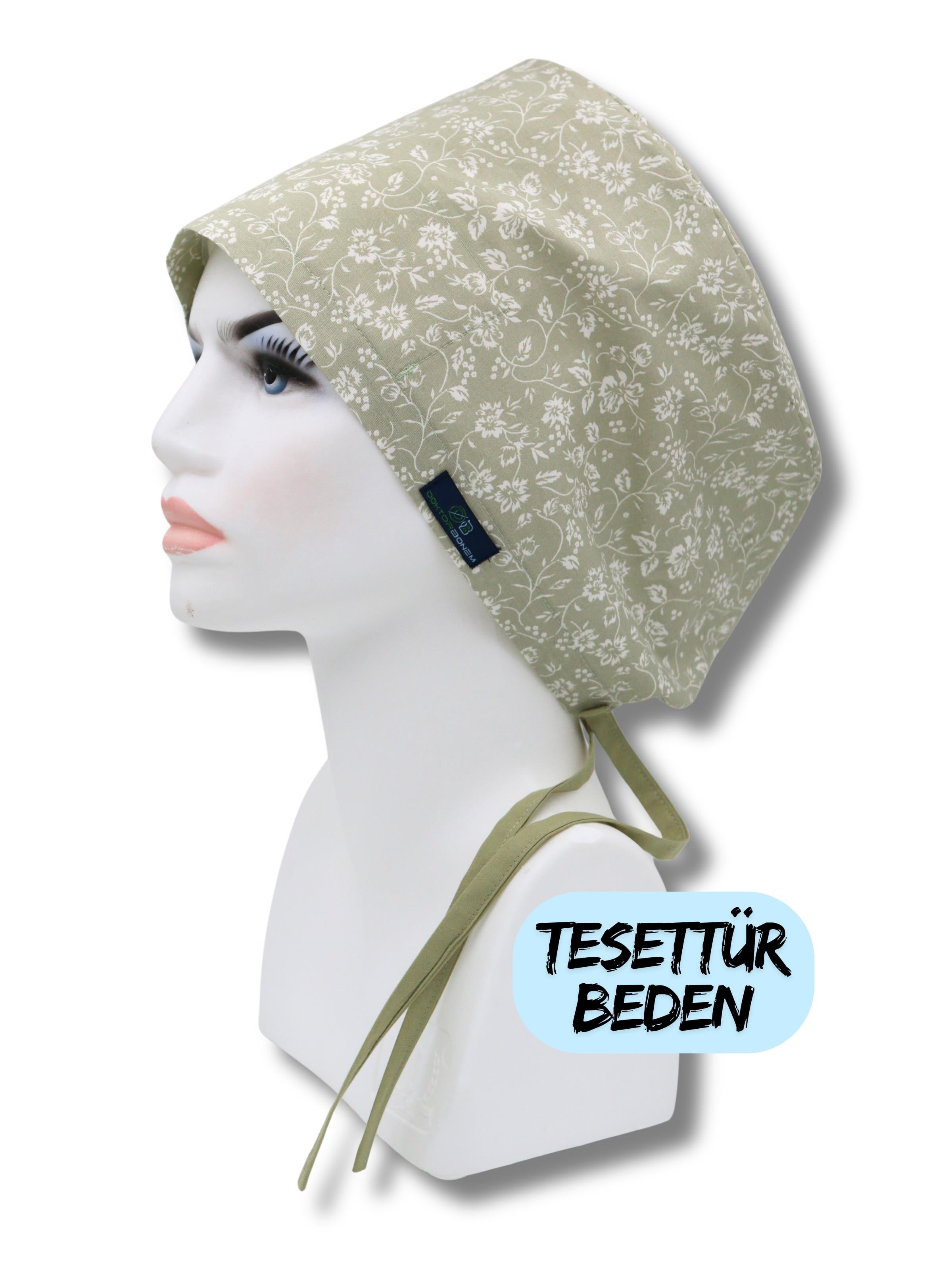Tesettür Beden Küf Yeşili Güller Cerrahi Bone Doktor Hemşire Sağlıkçı Hastane Bonesi