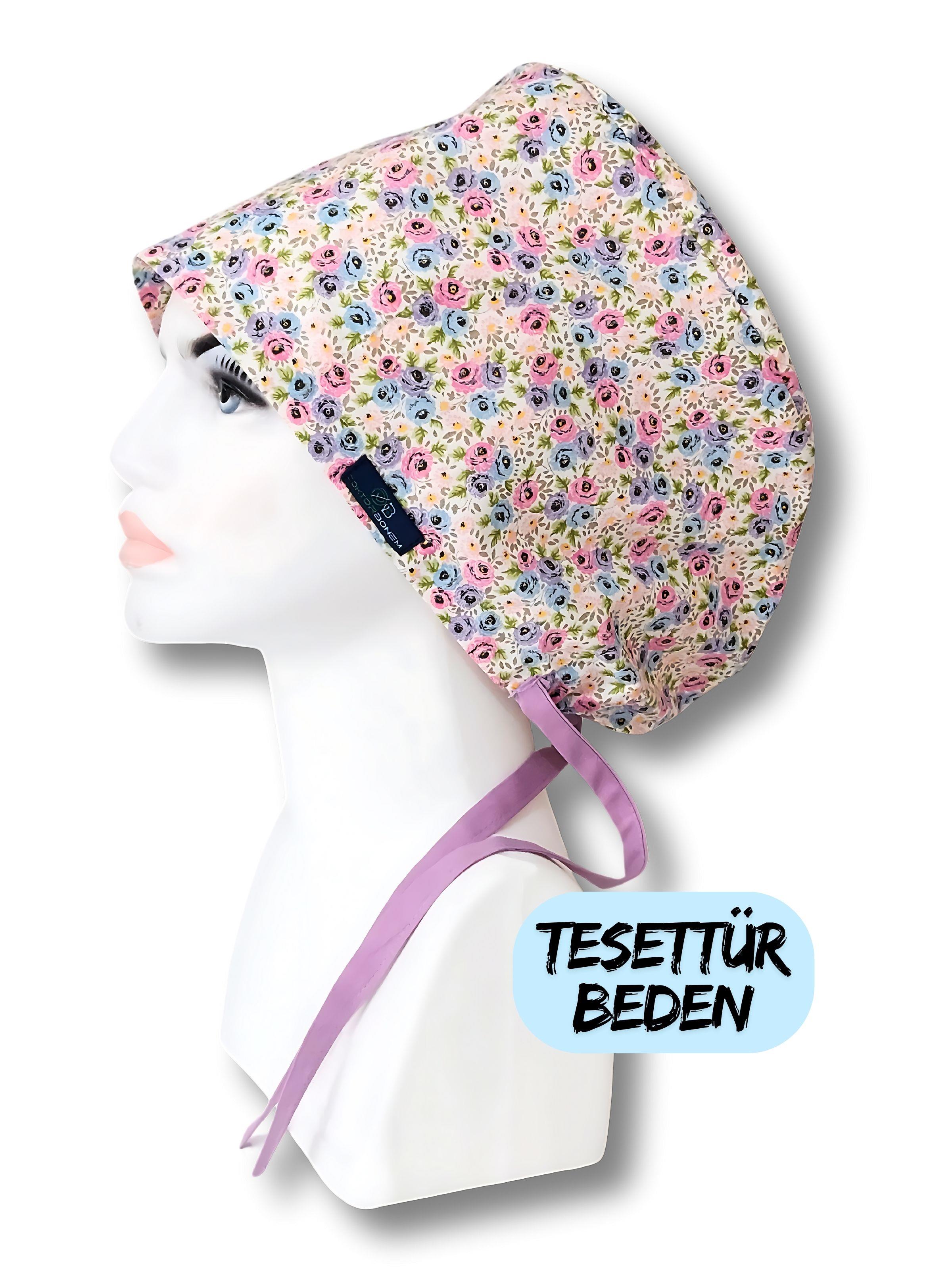 Tesettür Beden Sarmaşık Güller Mavi Mor Cerrahi Bone Doktor Hemşire Sağlıkçı Hastane Bonesi